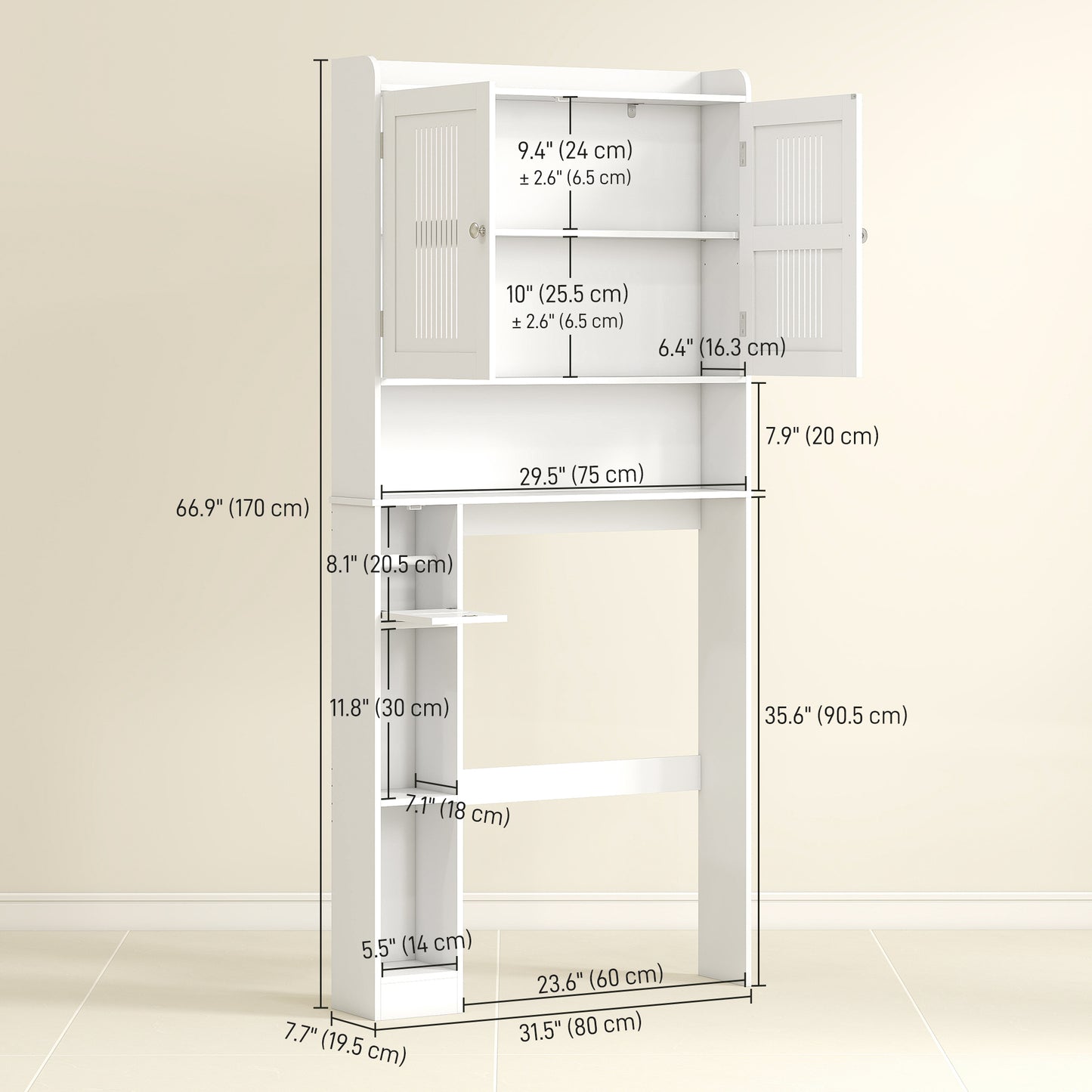 HOMCOM Over the Toilet Storage Cabinet, Bathroom Organizer with Adjustable Shelf, Toilet Paper Holder for Bathroom, Laundry