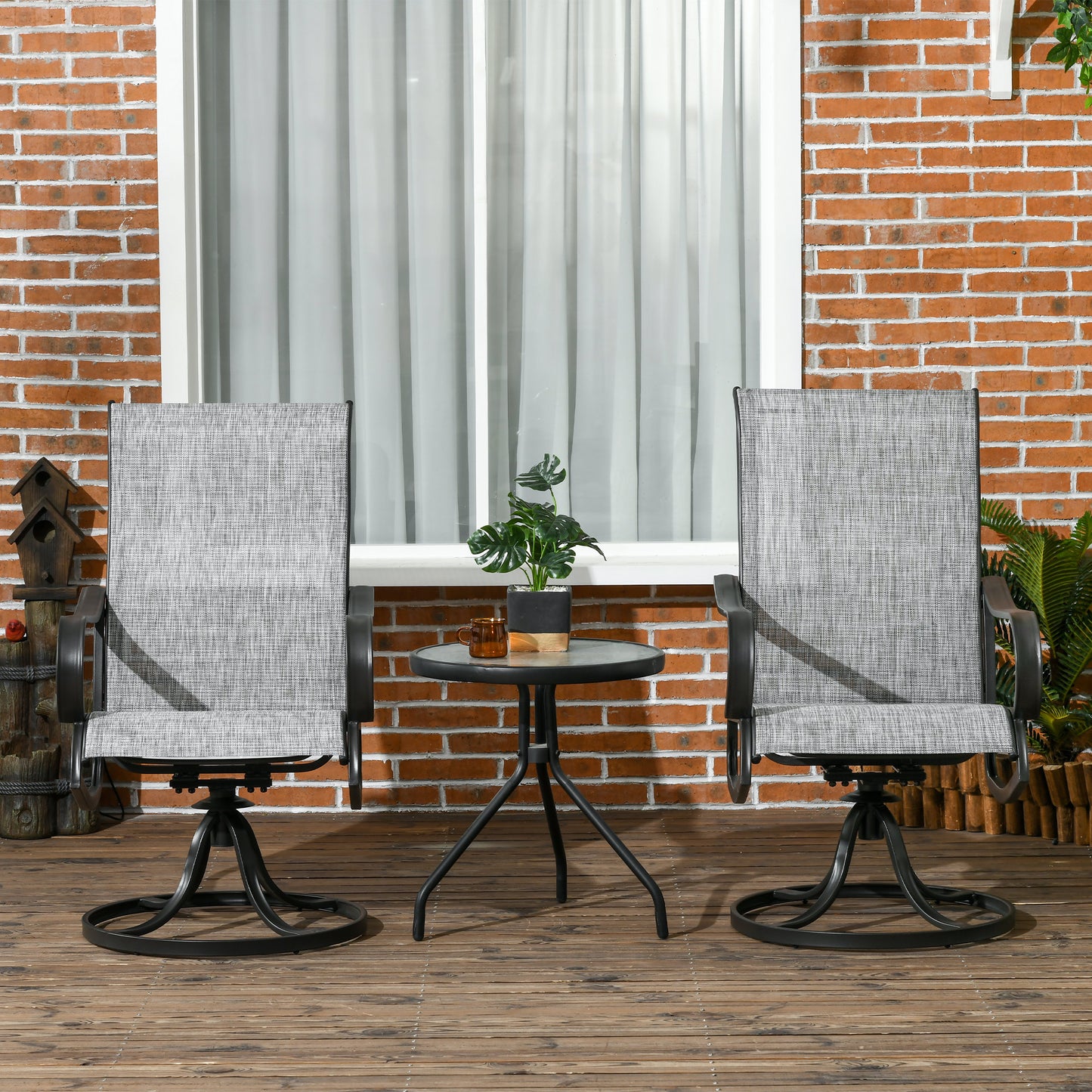 Outsunny 2-Piece Swivel Patio Dining Chairs, 360° Swivel Rocking Outdoor Chairs with Curved Armrests, Breathable Mesh Seat & S Shape Backrest for Yard, Lawn, Porch, Brown