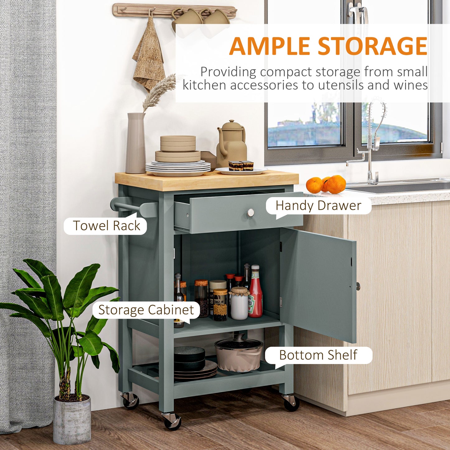 HOMCOM Kitchen Cart on Wheels, Rolling Kitchen Island Cart with Wood Top, Towel Rack, Drawer and Shelf for Dining Area, Grey