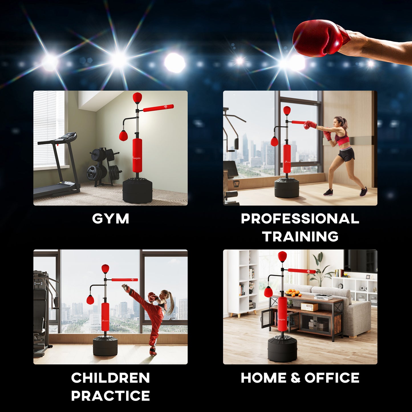 Soozier 4-in-1 Free Standing Punching Bag, Height Adjustable Boxing Bag with 2 Speed Balls, 360° Reflex Bar, Red
