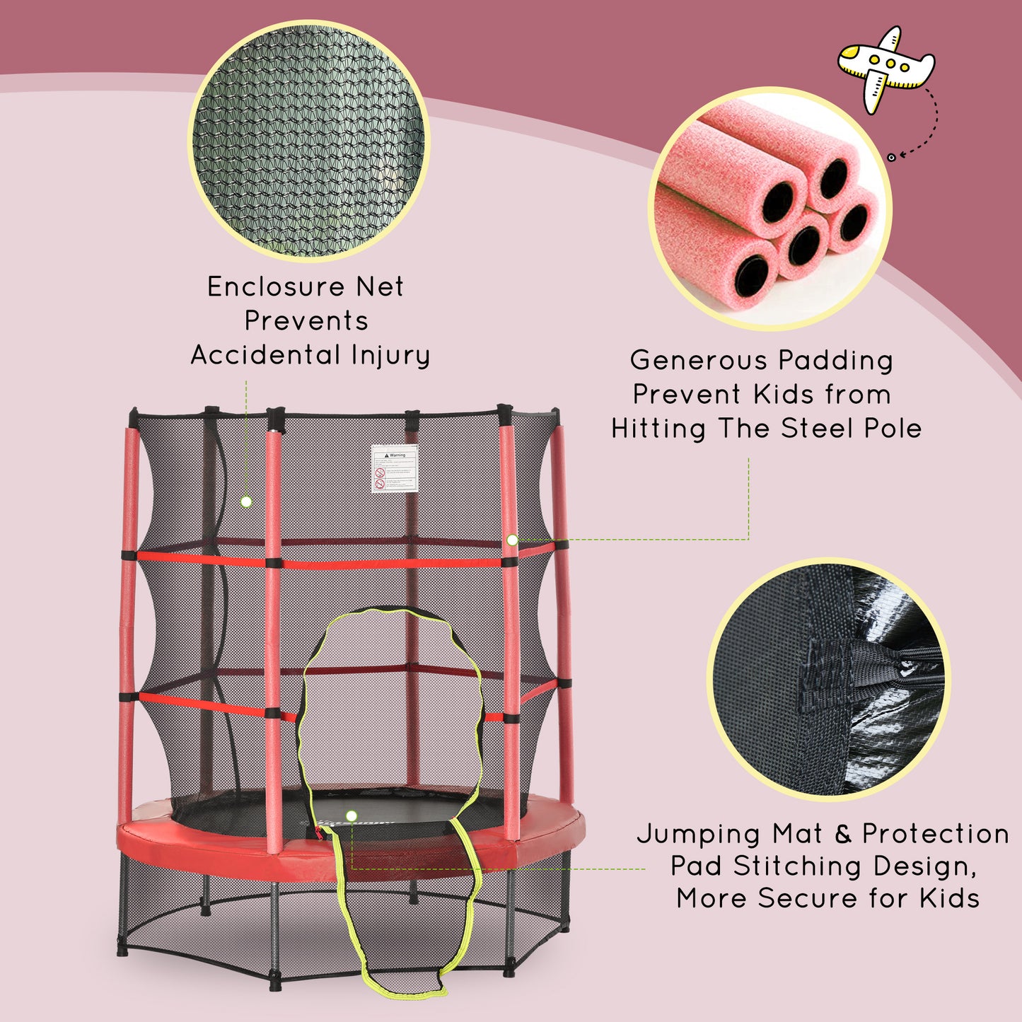 Outsunny 55" Kids Trampoline with Enclosure Net for Indoor/Outdoor, Trampoline for Boys and Girls Age 3-6 Years, Red