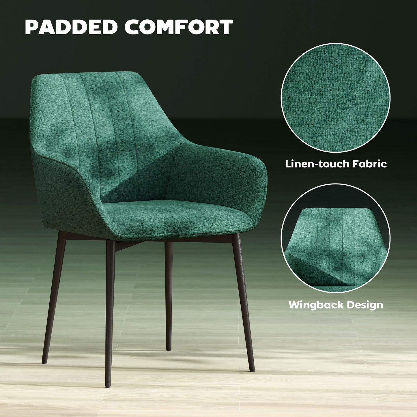 HOMCOM Dining Chairs Set of 2, Linen Upholstery Accent Chair with Back, Armrest, Metal Legs, Dark Grey