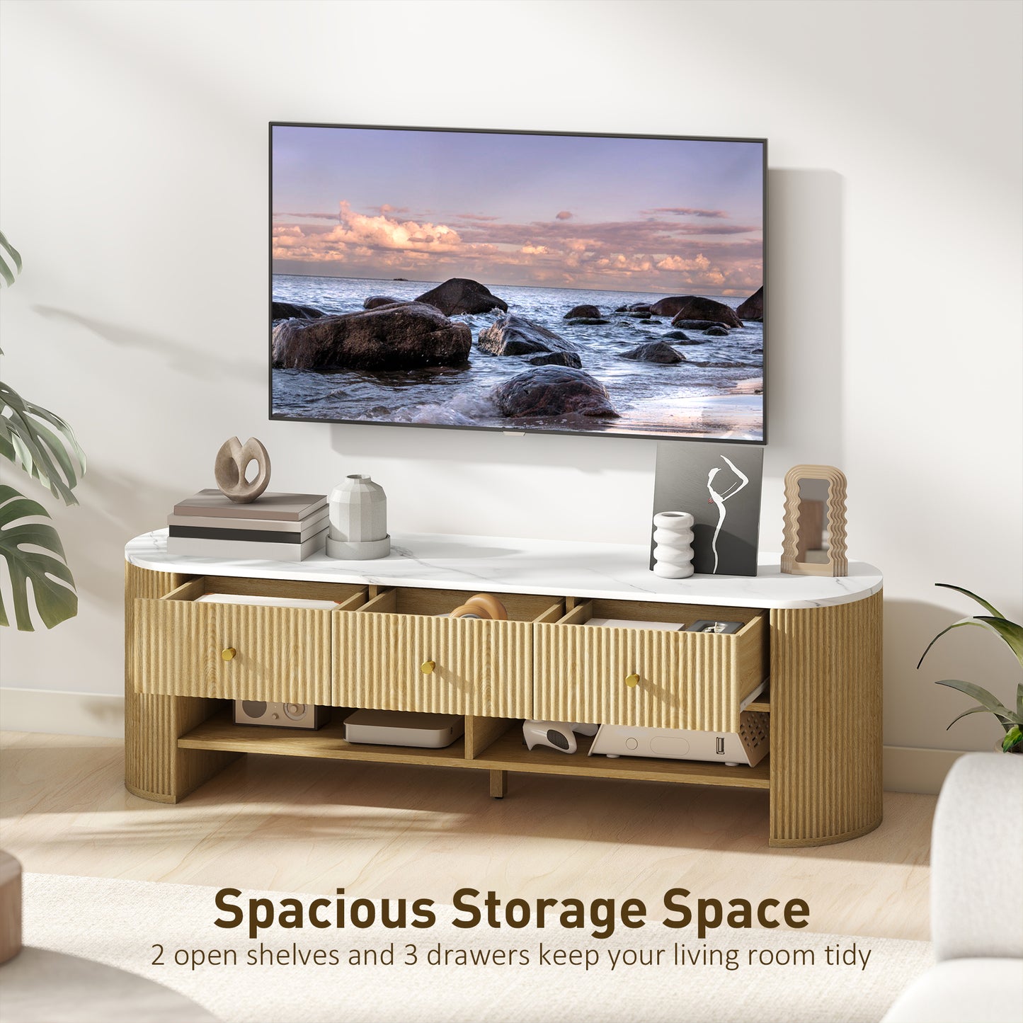 HOMCOM TV Stand, Modern TV Table with Marble-Effect Top, 3 Drawers and 2 Open Shelves for 32-65 Inch Television, Natural