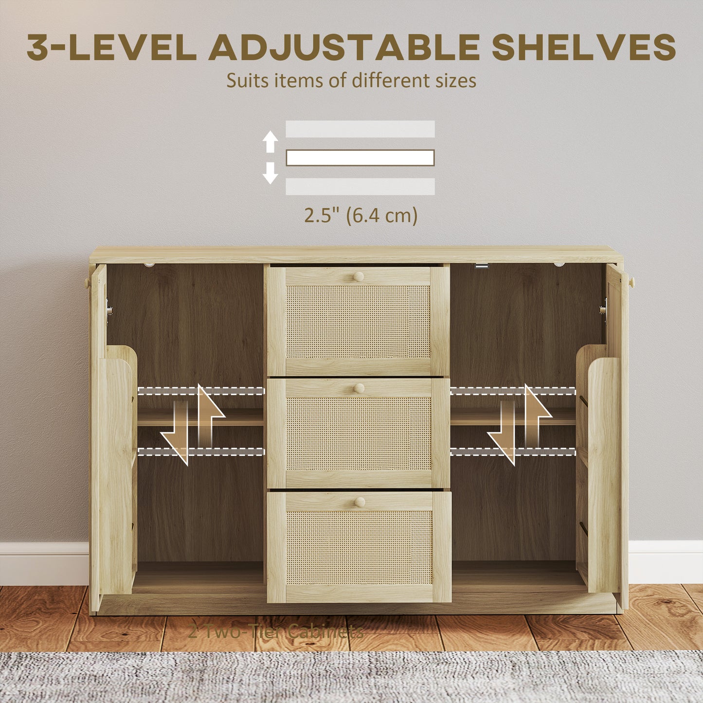 HOMCOM Boho Sideboard Buffet Cabinet, Kitchen Coffee Bar Cabinet with 3 Drawers, 2 Adjustable Shelves and 4 Racks, Natural