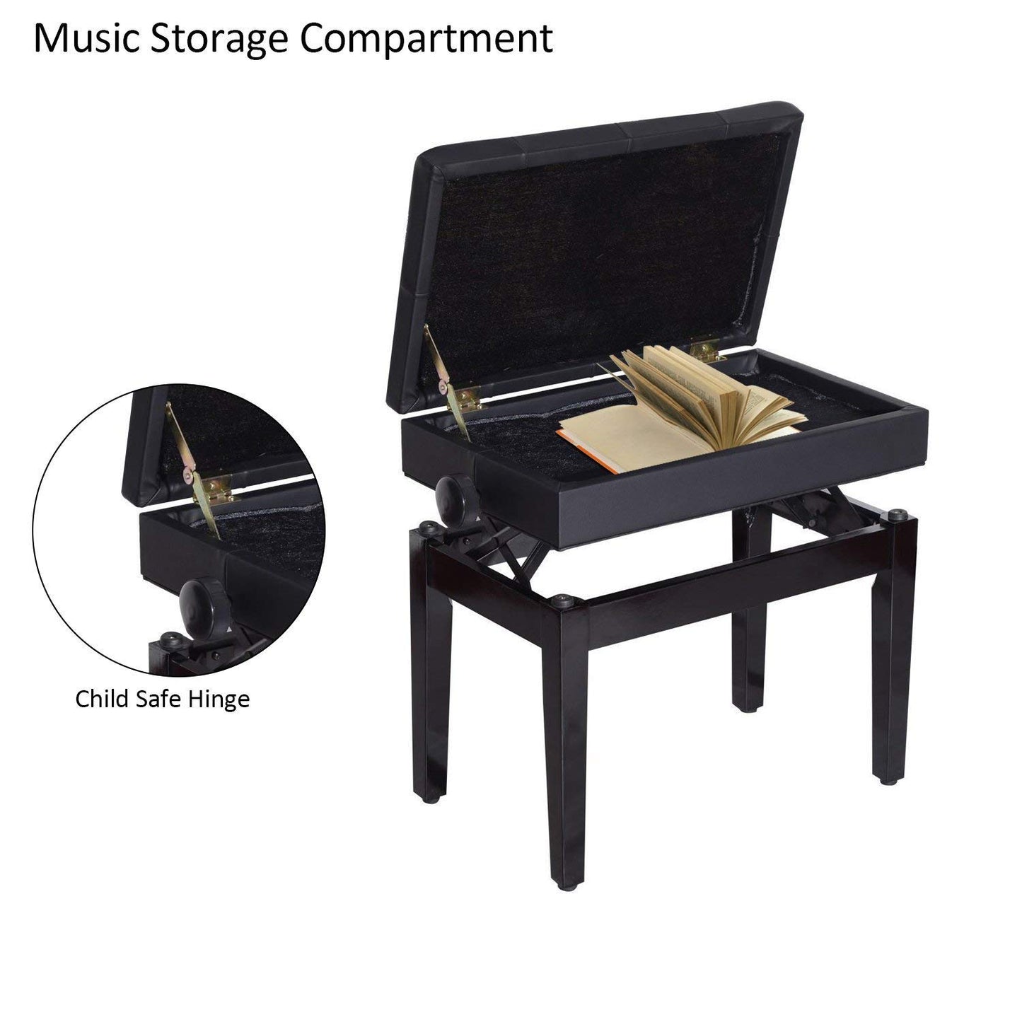 HOMCOM Adjustable Piano Bench with Storage and Soft PU Leather Padded, with Enough Music Storage Design, Black