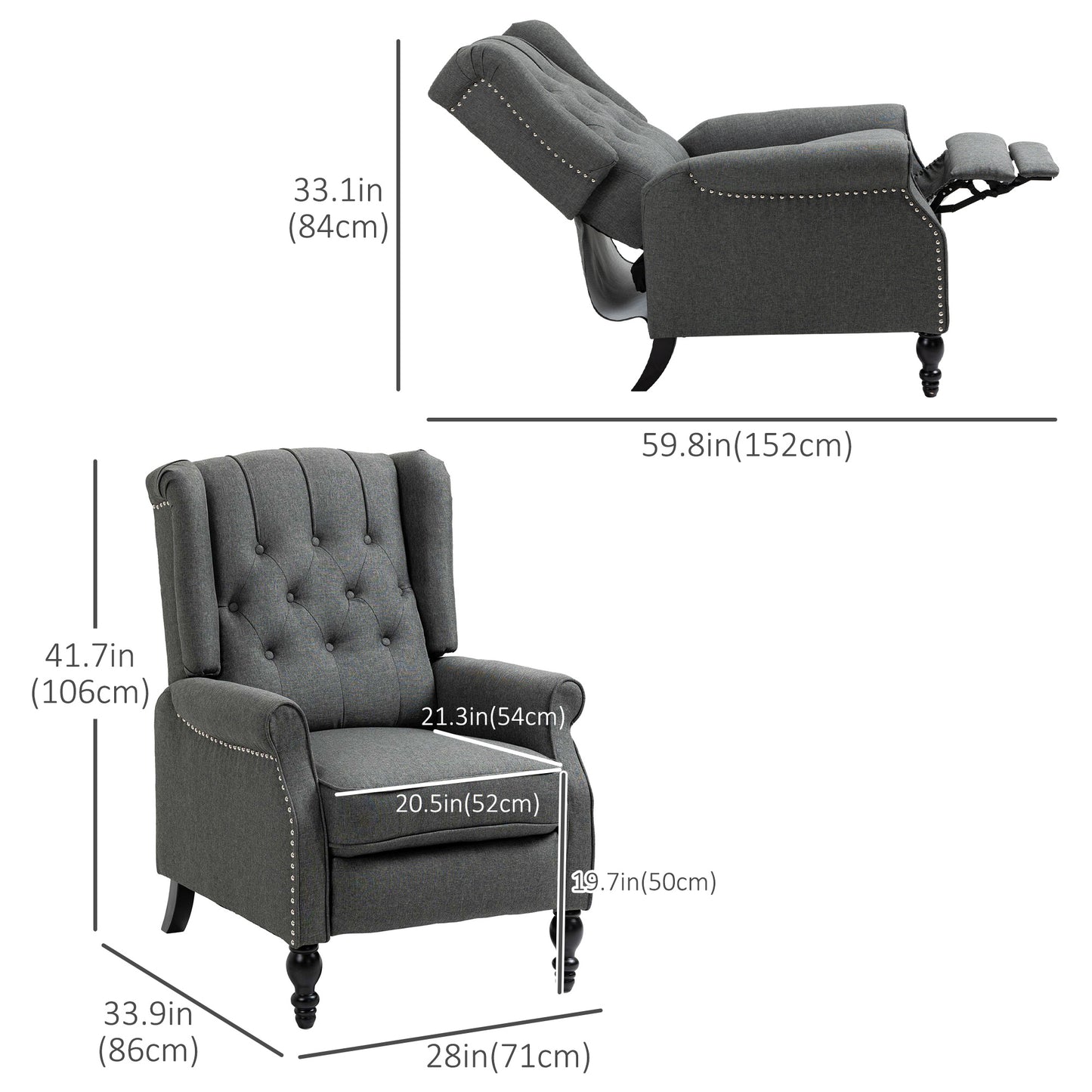 HOMCOM Wingback Reclining Chair with Footrest, Button Tufted Recliner Chair with Rolled Armrests for Living Room, Light Grey