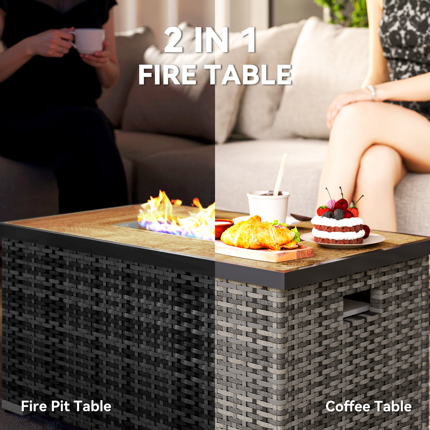 Outsunny 32" Propane Fire Pit Table 40,000 BTU Rattan Outdoor Gas Fire Table with Hideaway Propane Tank Holder, Waterproof Cover
