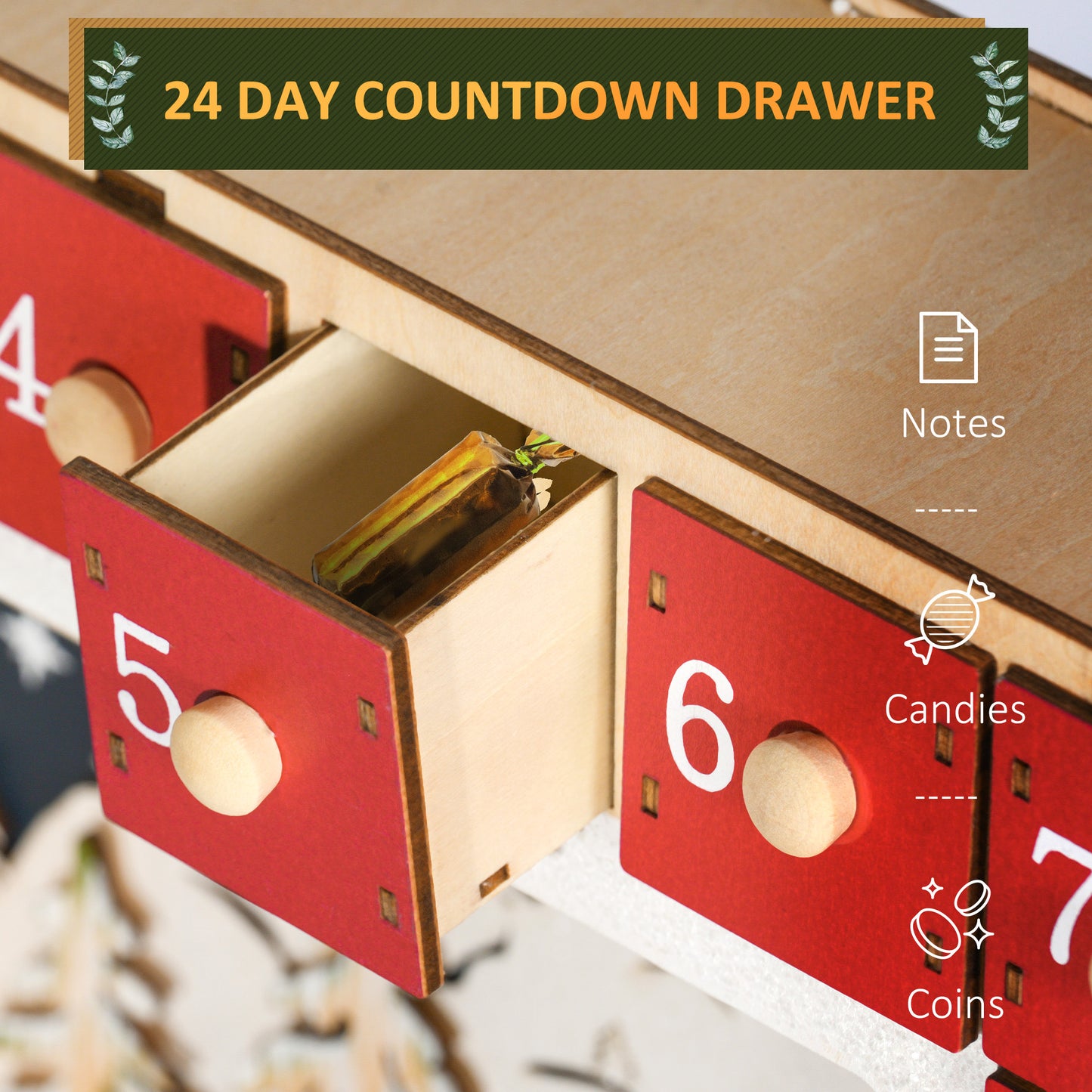 HOMCOM Wooden Christmas Advent Calendar, Lighted 24 Days Xmas Calendar House, Christmas Table Decoration with Countdown Drawers, Bible Characters, Battery Operated, Natural