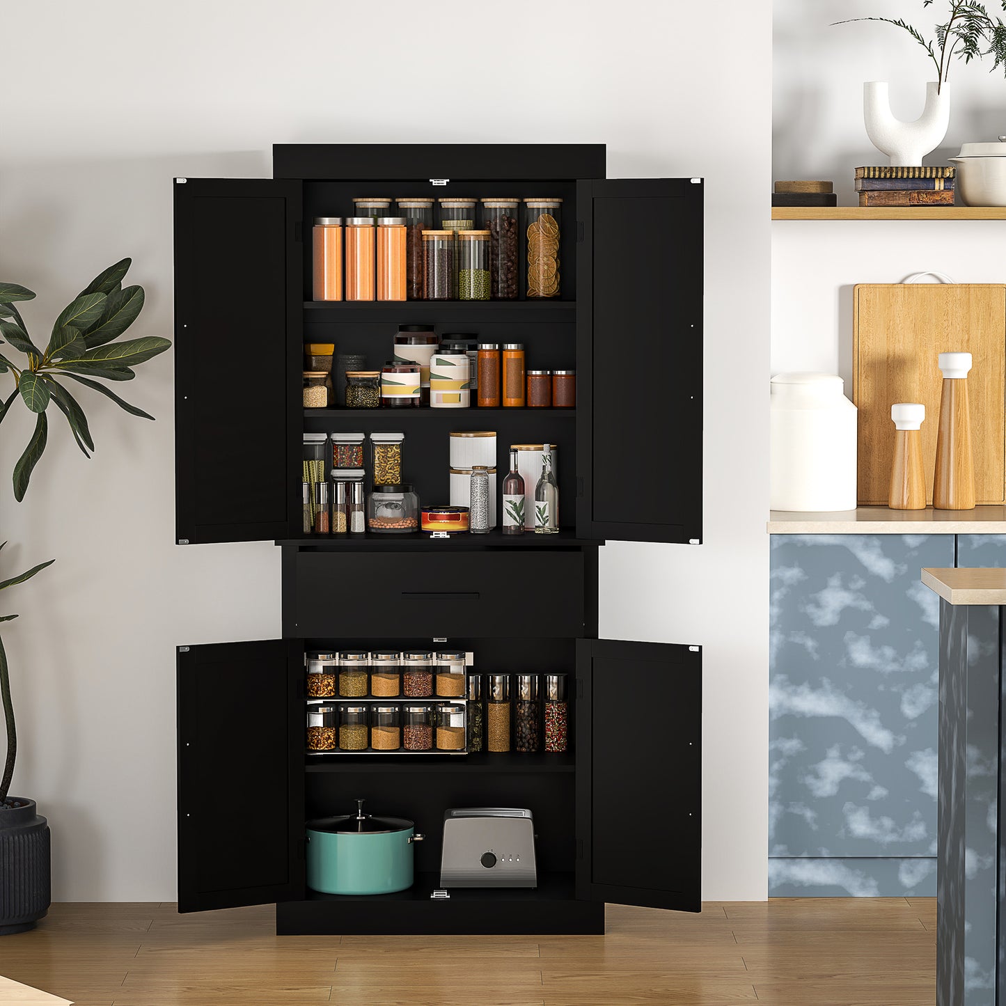 HOMCOM 72" Kitchen Storage Cabinet, Farmhouse Kitchen Pantry Cabinet with 4 Barn Doors, Drawer, Adjustable Shelves, Black