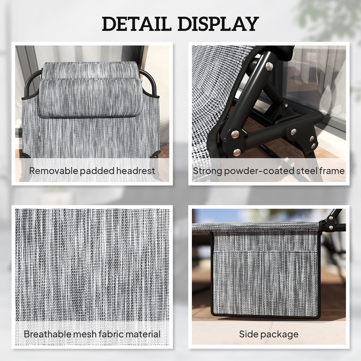 Outsunny 2-Piece Folding Lounge Chairs with Adjustable Backrest, Tanning Chair with Cushion, Side Pocket, Headrest, Grey