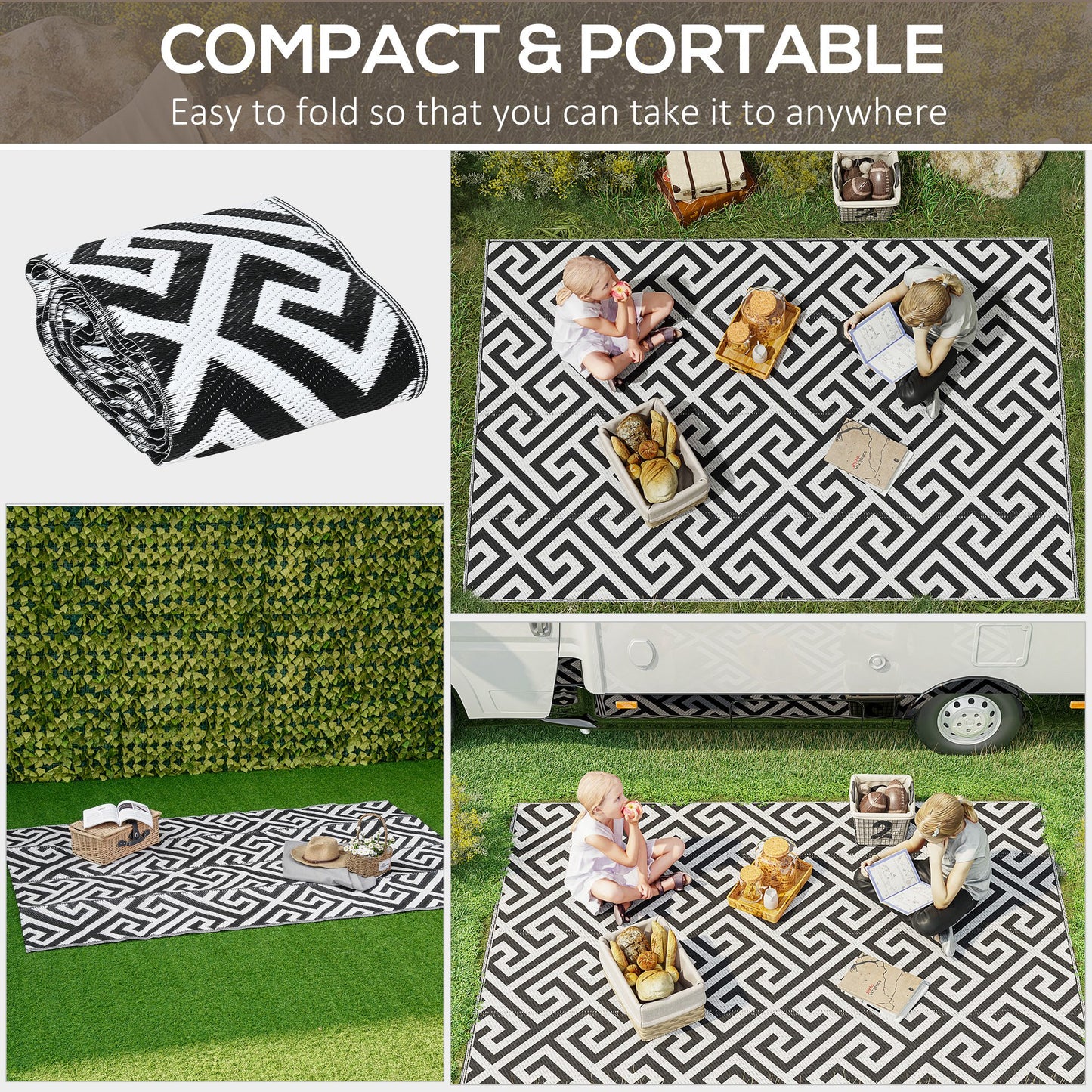 Outsunny Reversible Outdoor RV Rug, Patio Floor Mat, 5' x 8' Plastic Straw Rug for Backyard, Deck, Beach, Camping, Black & White