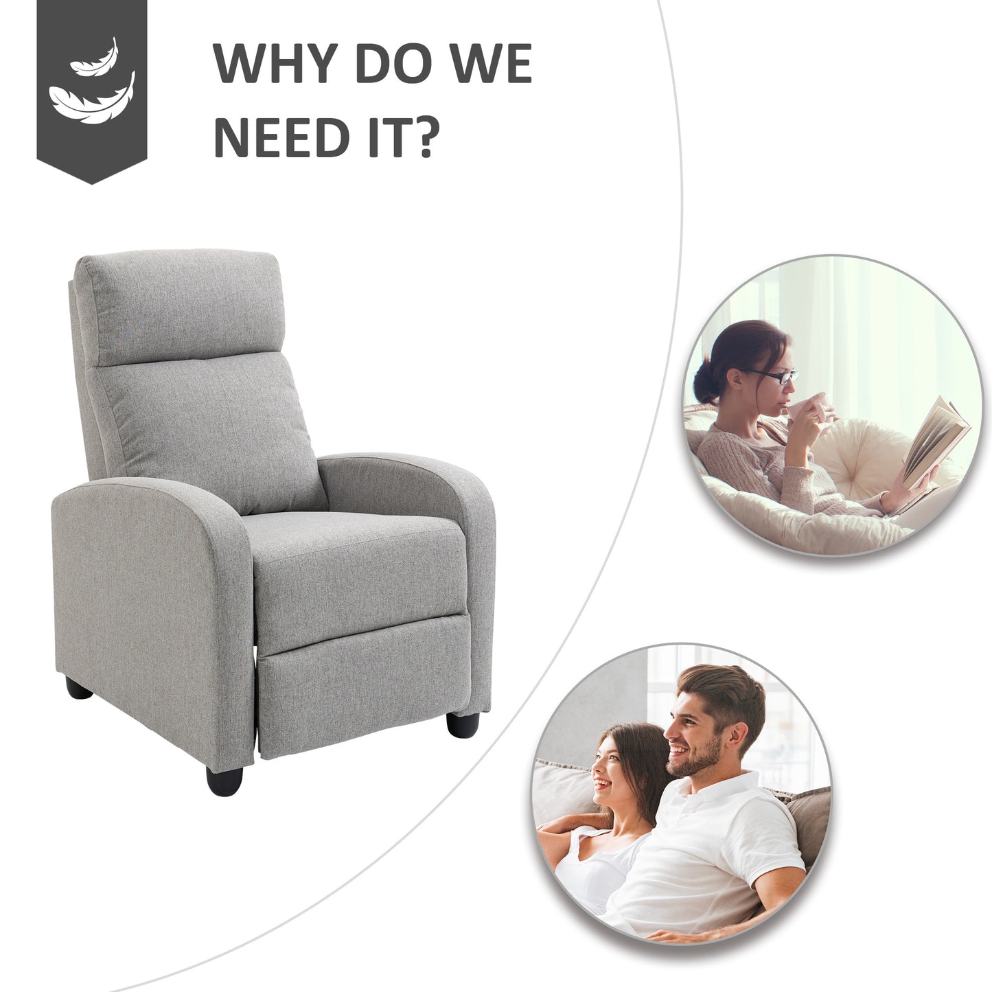 HOMCOM Fabric Recliner Chair Manual Home Theater Seating Single Reclining Sofa Chair with Padded Seat for Living Room, Dark Grey