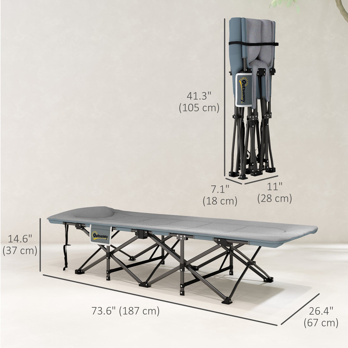 Outsunny 25.6" Wide Folding Bed, Camping Cot for Adults with Mattress, Carry Bag, Storage Pocket, Max Load 330 LBS, Light Grey