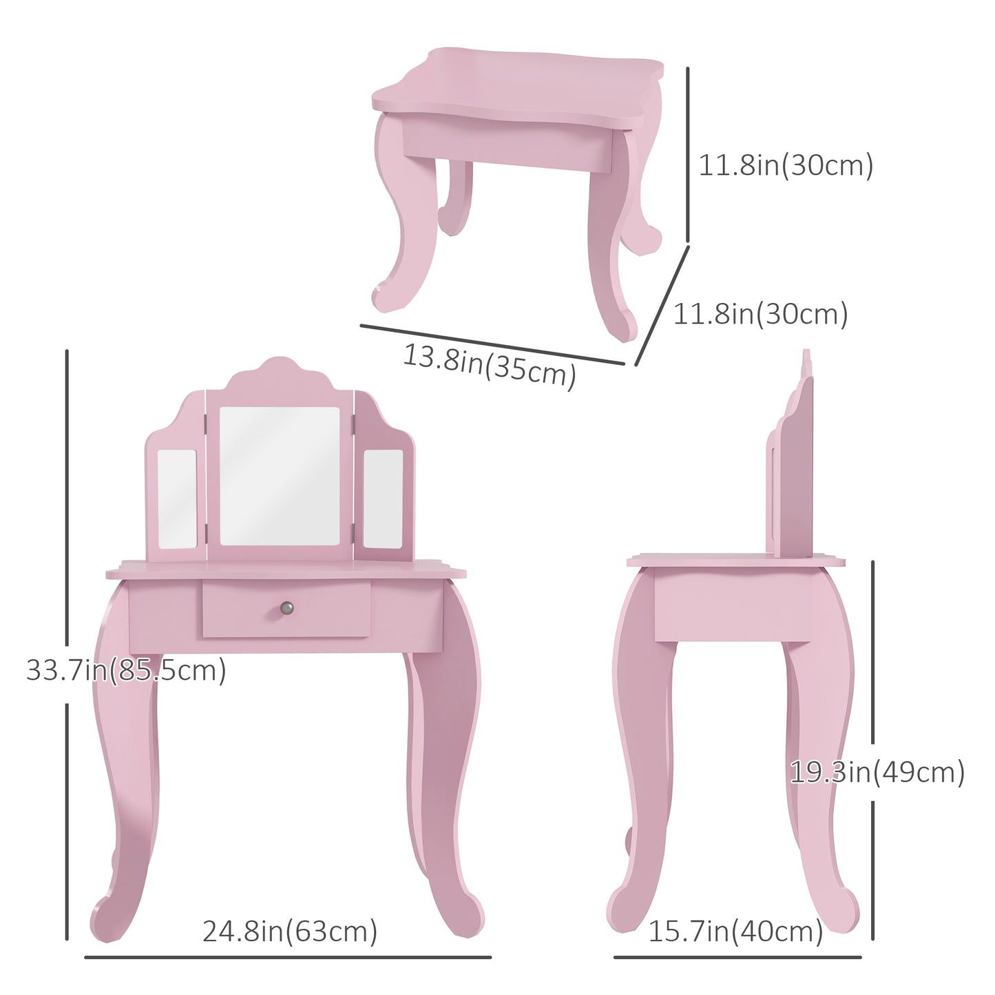 Qaba Kids Vanity Table and Stool, Makeup Vanity Girls Dressing Table Set with Tri-folding Mirrors Drawer Star and Heart Pattern, White