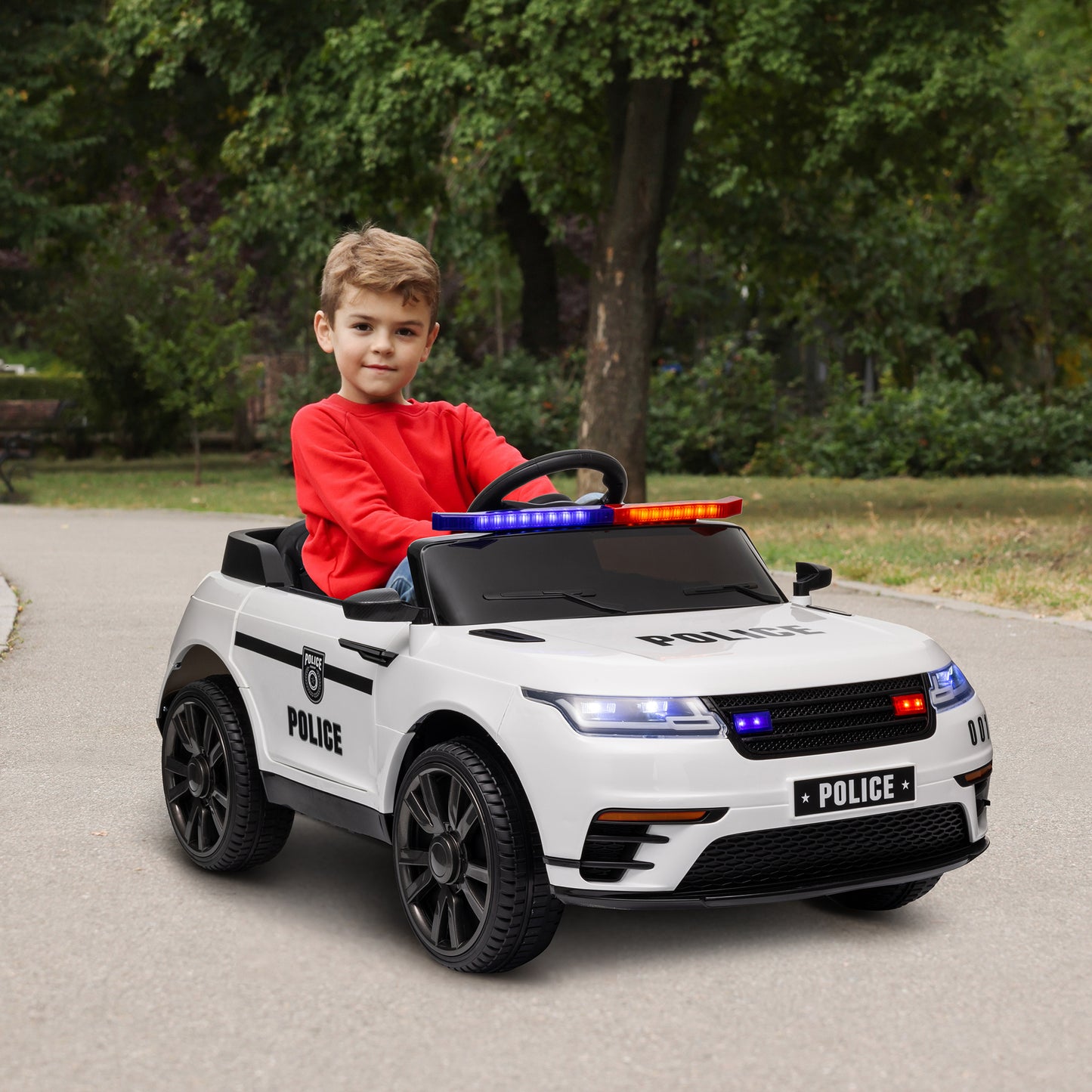 Qaba 12V Kids Electric Police Car w/ Remote Control, Spring Suspension, Transport Wheel, Siren, Music, Light, Horn, Black
