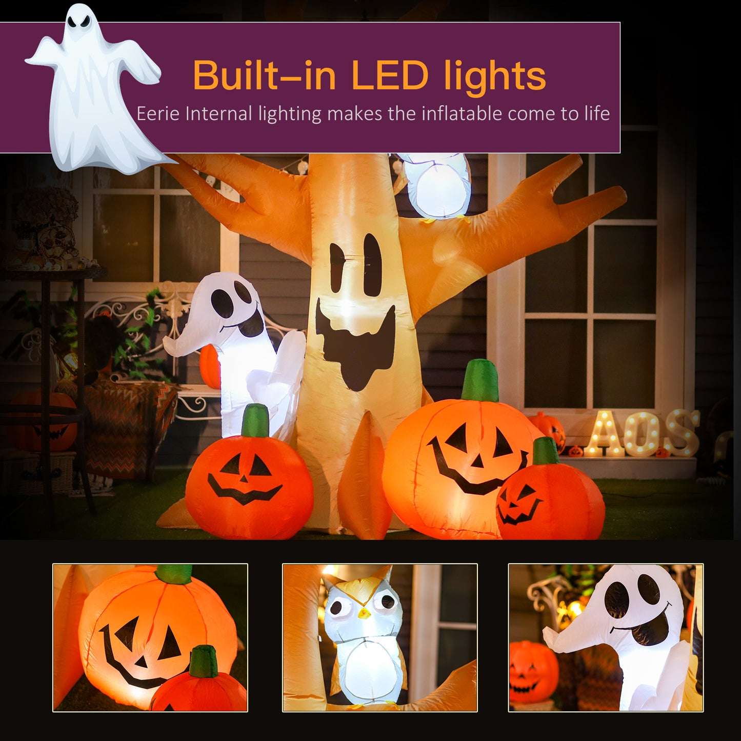 HOMCOM Inflatable Halloween Decoration Haunted Tree with Owl/Ghost/Pumpkins, Blow-Up Outdoor LED Display for Lawn, Garden, Party