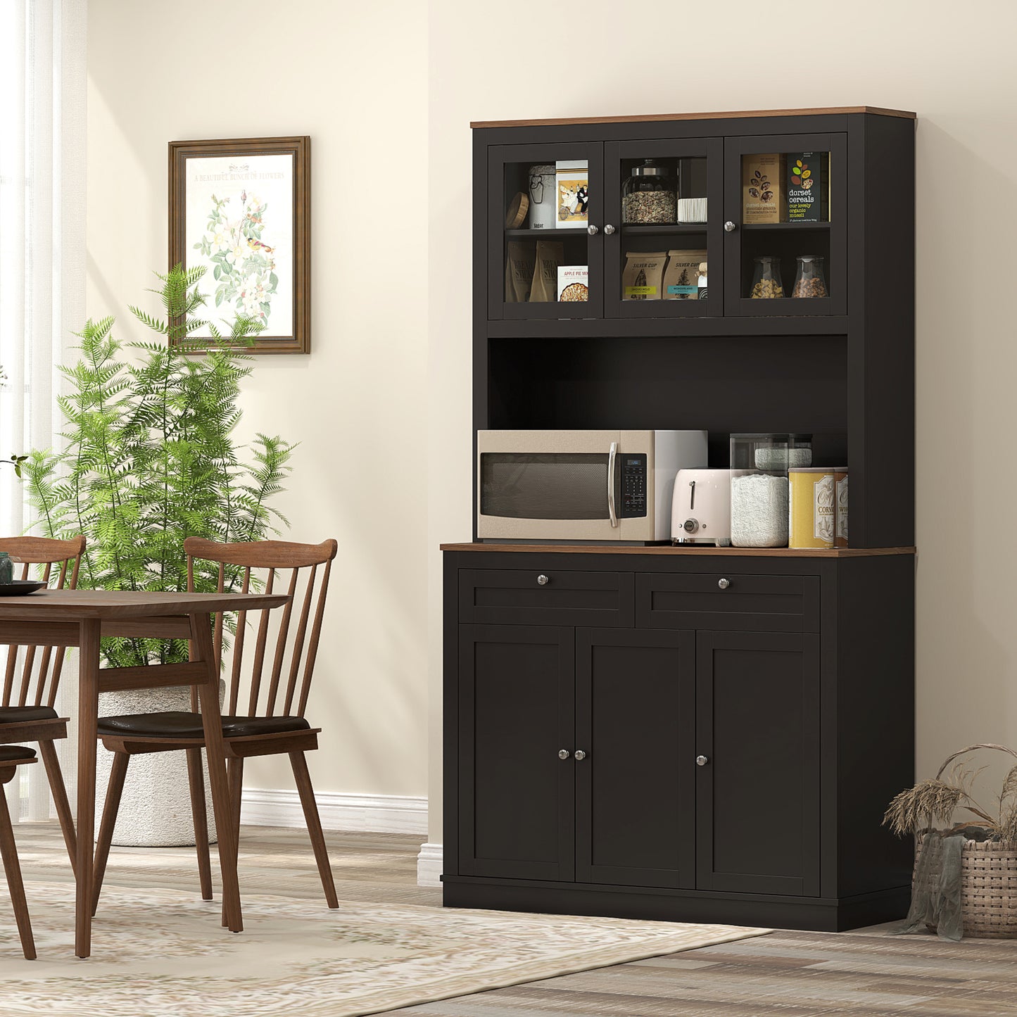 HOMCOM 71" Pantry Cabinet with Microwave Space, Buffet with Hutch, 2 Drawers, Adjustable Shelves and Glass Doors, Black