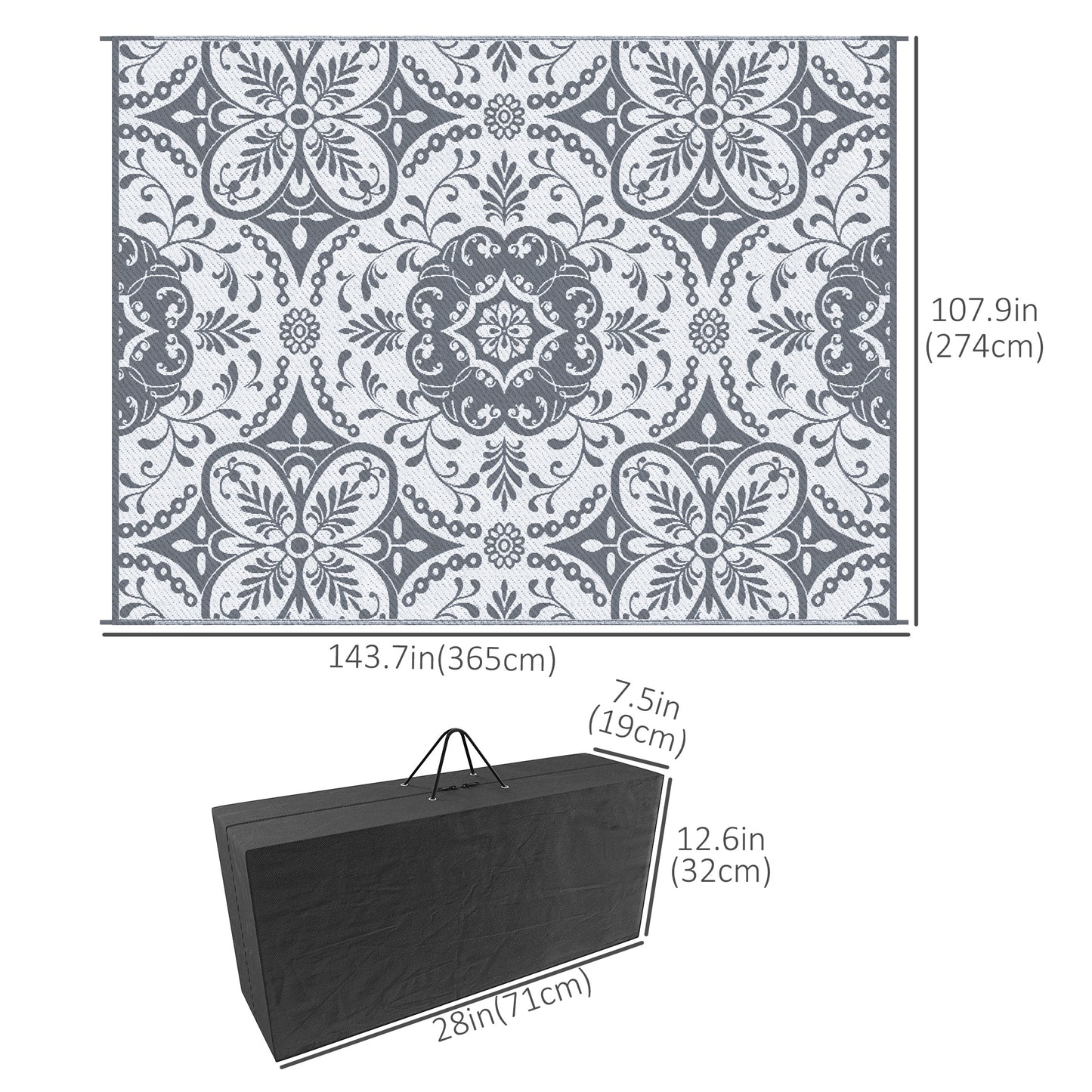 Outsunny Portable Outdoor Rug with Carry Bag, 9' x 12' Reversible Mat, Waterproof Plastic Straw RV Rug for Backyard, Deck, Picnic, Beach, Camping, Blue & White Flower