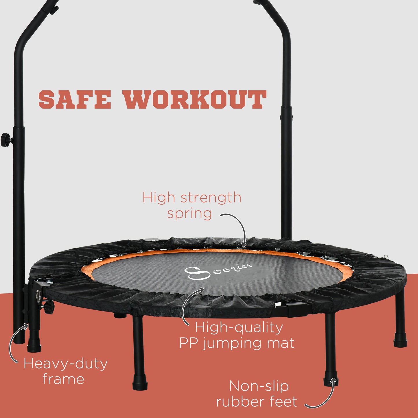 Soozier 40" Foldable Mini Fitness Trampoline, with Adjustable Foam Handle, Orange