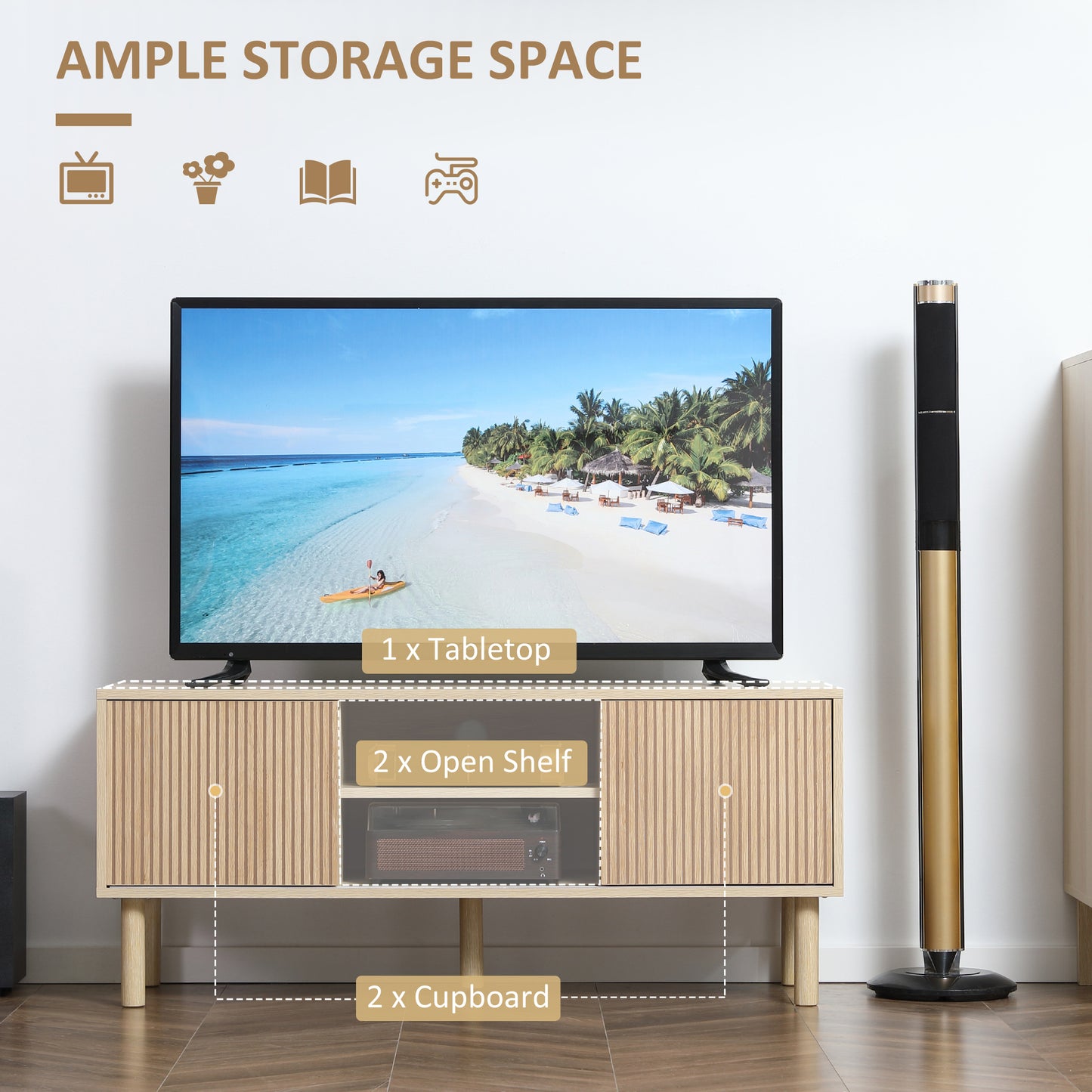 HOMCOM Modern TV Stand for TVs up to 50", TV Cabinet with Storage Shelves for Living Room, Natural