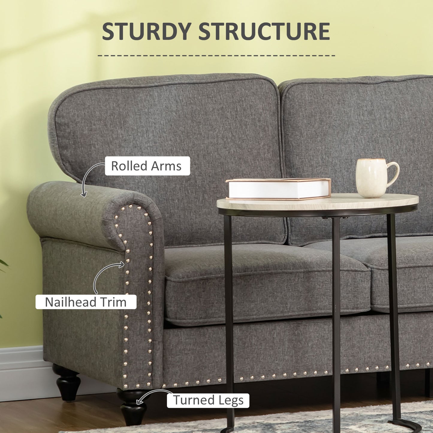 HOMCOM 3-Seater Sofa Couch, 81" Modern Upholstered Linen Fabric Sofa with Rubberwood Legs, Nailhead Trim and Rolled Arms for Living Room, Bedroom and Apartment, Grey