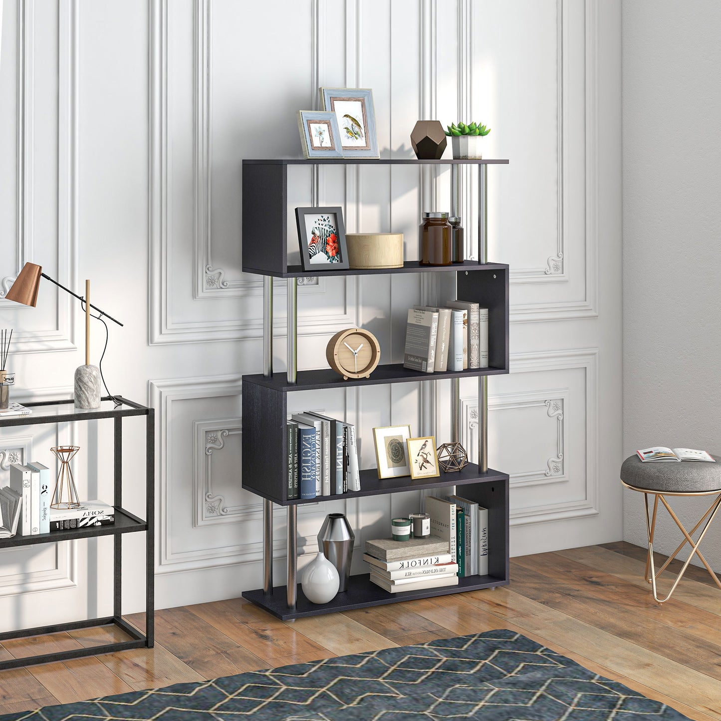 HOMCOM 5-Tiers Geometric Wooden Bookcase S-Shaped Storage Bookshelf Display with Metal Frame for Living Room, Bedroom, Home Office, Black