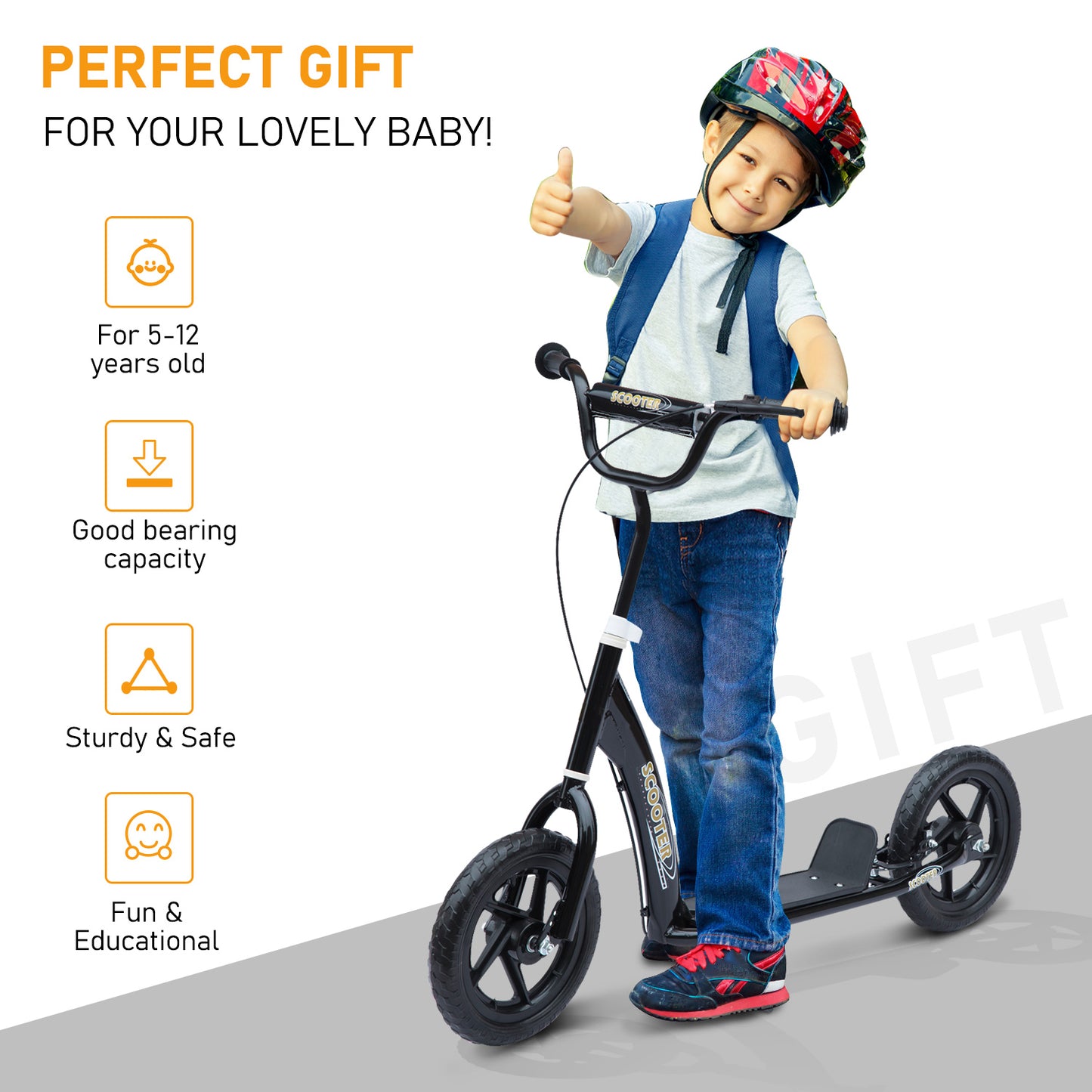HOMCOM Kids Scooter Street Bike Bicycle for Teens Ride on Toy w/ 12'' Tire for 5-12 Year Old Black