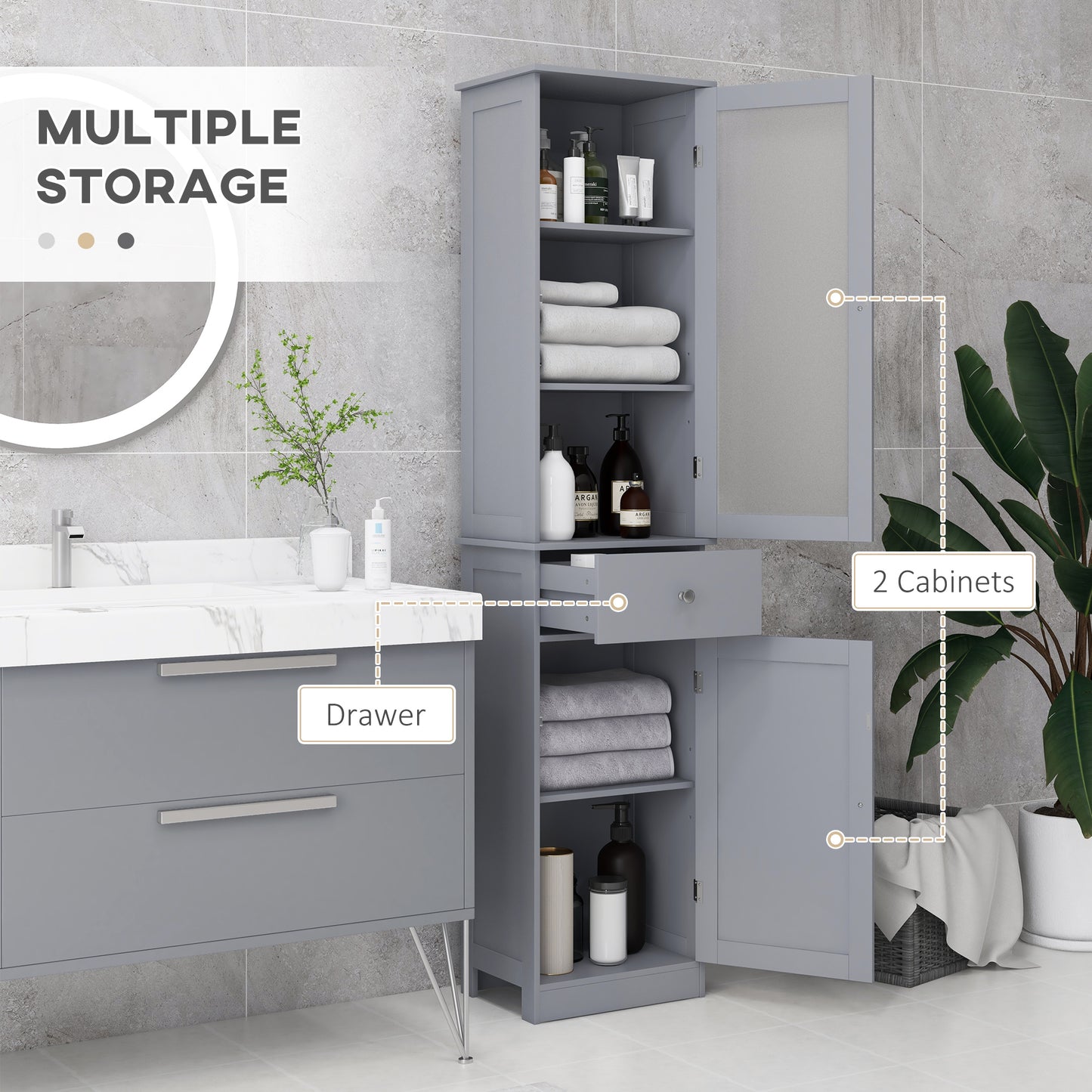 kleankin Tall Bathroom Cabinet, Bathroom Storage Cabinet with Drawers, 2 Doors and Adjustable Shelves, White
