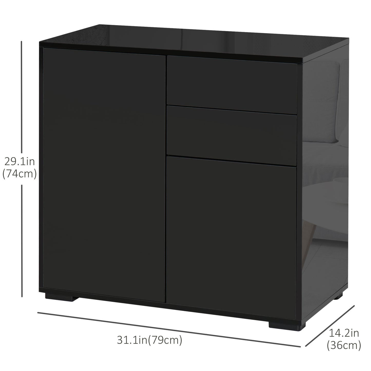 HOMCOM High Gloss Buffet Sideboard with 2 Drawers, 2 Doors and Adjustable Shelf, Kitchen Storage Cabinet with Push Open Design, White