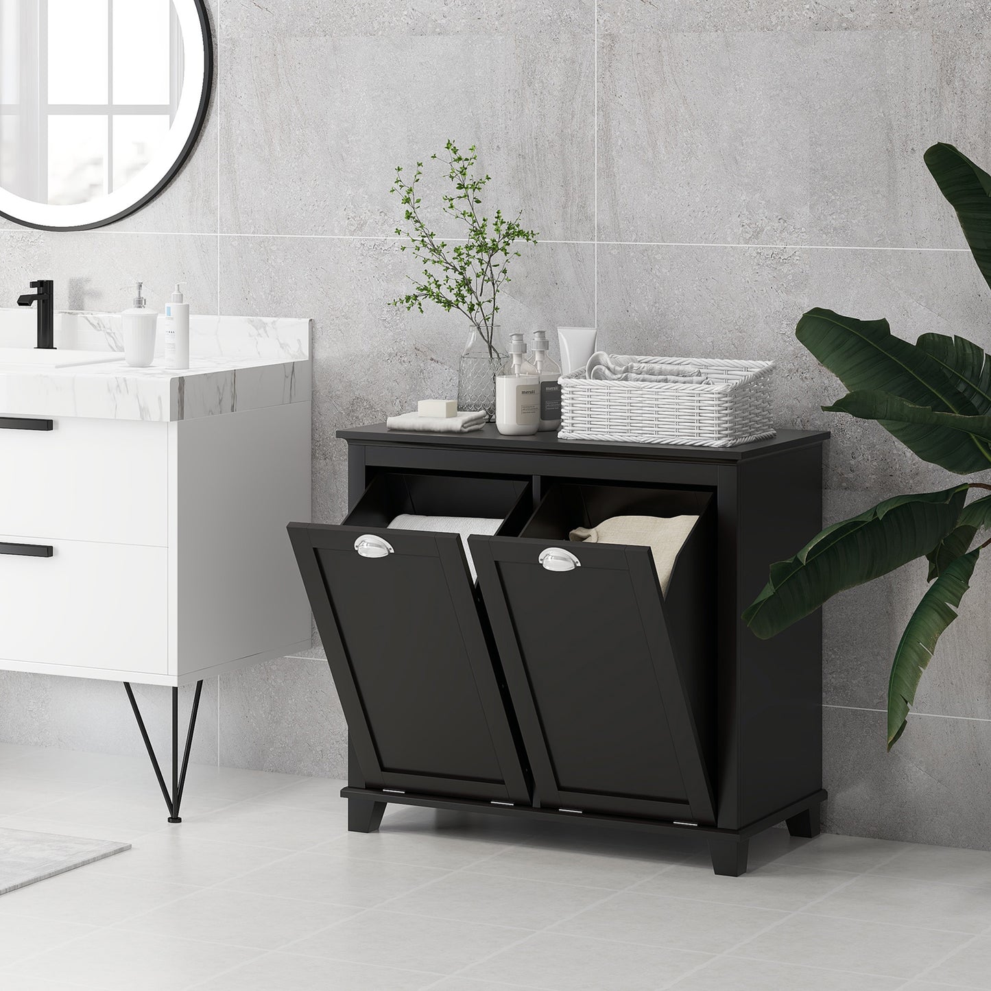 HOMCOM Tilt-Out Laundry Storage Cabinet, Bathroom Storage Organizer with Two-Compartment Tilt Out Hamper, White