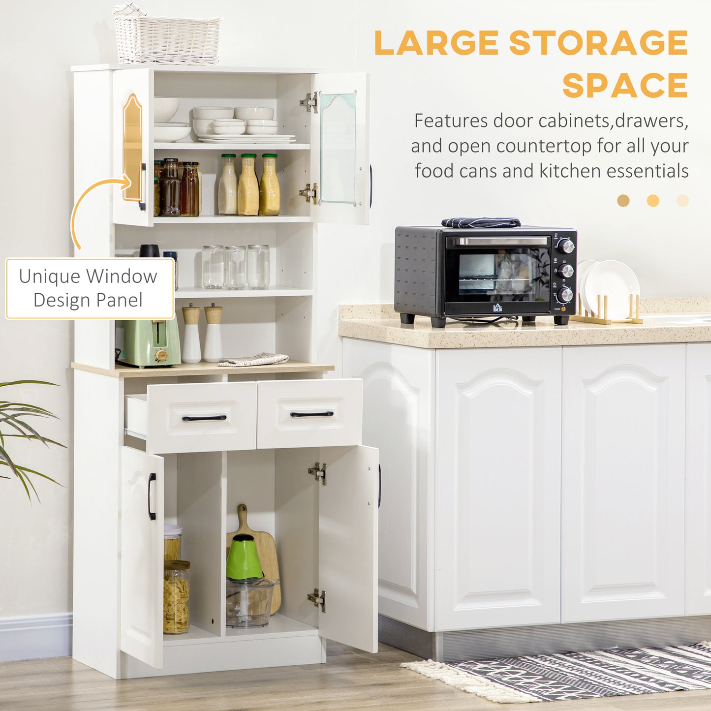 HOMCOM 66" Kitchen Pantry Cabinet, Freestanding Storage Cabinet with 2 Adjustable Shelves, 2 Drawers, Open Counter and Glass Doors, White