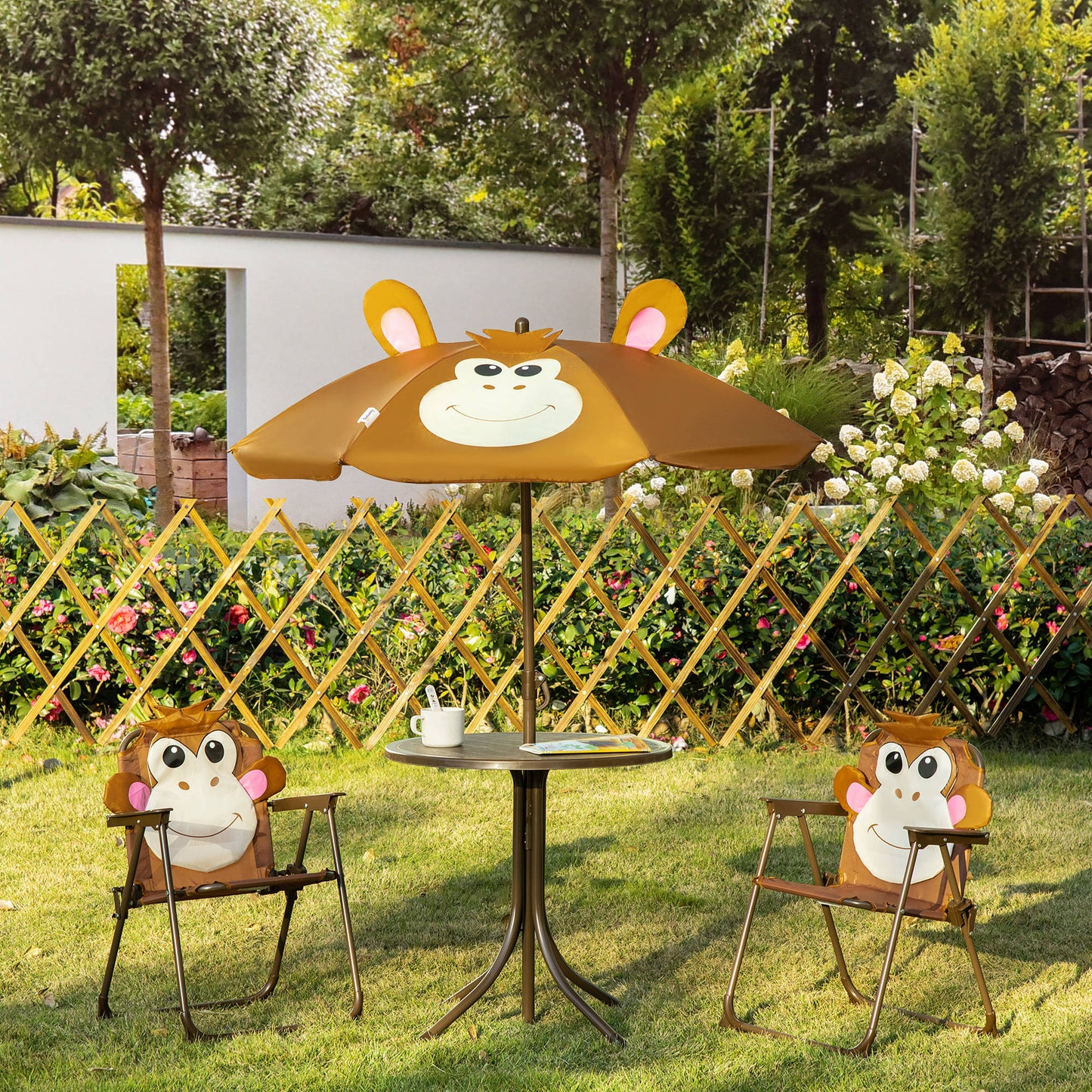 Outsunny Kids Folding Picnic Table and Chair Set Pattern Outdoor Garden Patio Backyard with Removable & Height Adjustable Sun Umbrella Brown