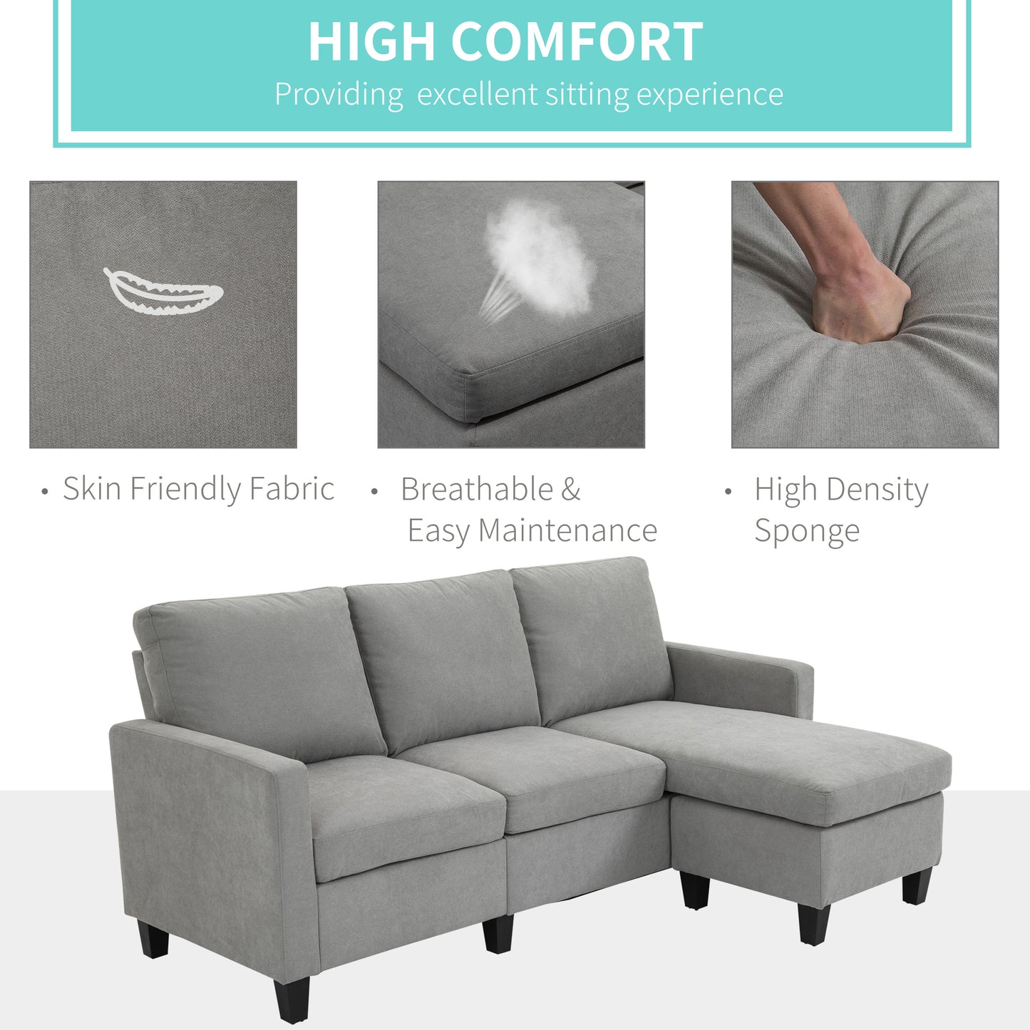 HOMCOM L-Shape Sofa, Modern Sectional Couch with Ottoman, Corner Sofa for Living Room, Light Grey