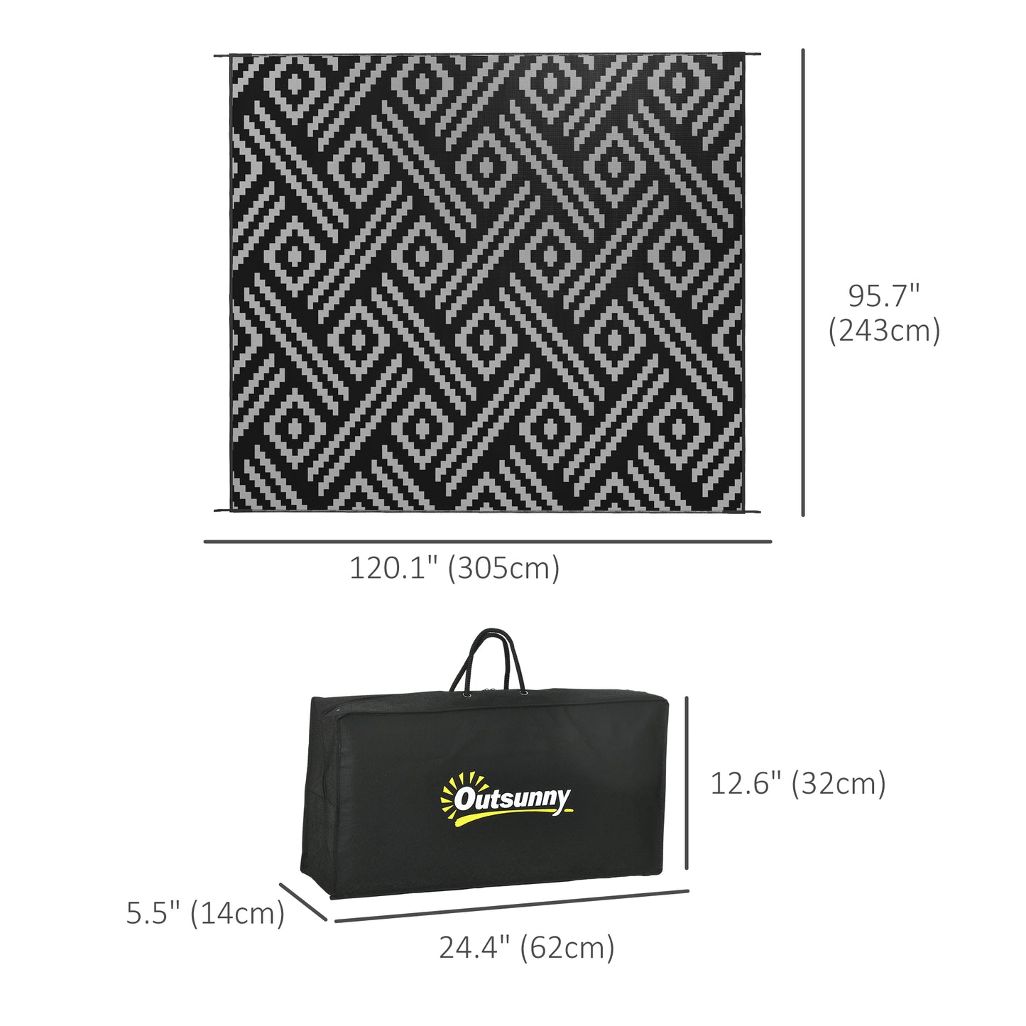 Outsunny Reversible Outdoor Rug Waterproof Plastic Straw RV Rug with Carry Bag, 9' x 12', Black and Grey Geometric