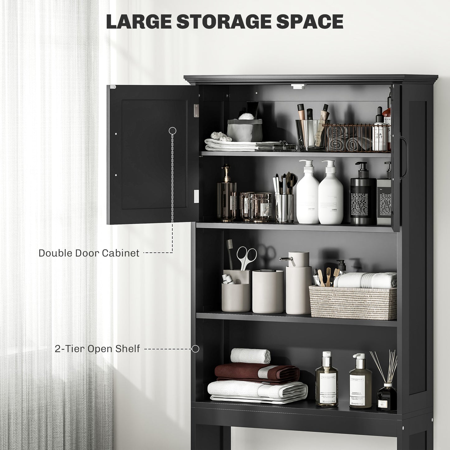kleankin Modern Over The Toilet Storage, Bathroom Cabinets Over Toilet with Open Shelves and Double Door Cabinet, White