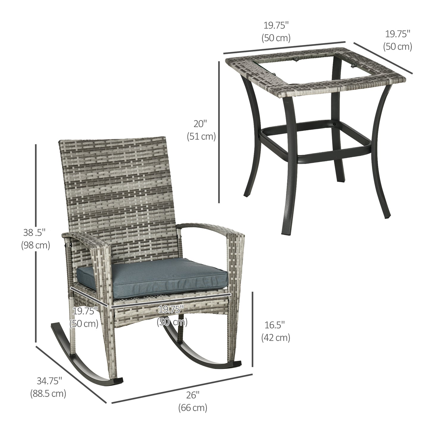 Outsunny 3 Pieces Patio Wicker Rocking Chair Set, Outdoor PE Rattan Bistro Set Conversation Rocker Set with 2 Chairs 1 Coffee Table for Backyard, Deck, Poolside, Dark Grey