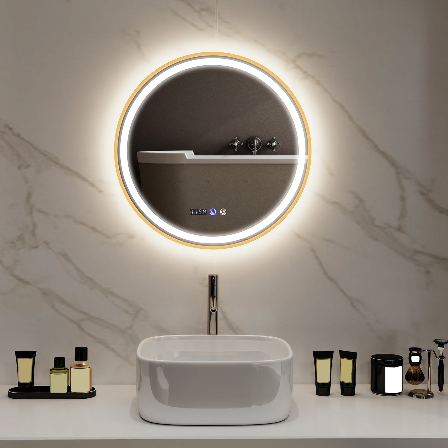 HOMCOM 24" Round Bathroom Mirror with LED Lights, Wall Mounted Vanity Mirror with Anti-Fog Pad, Time and Temp Display, Gold