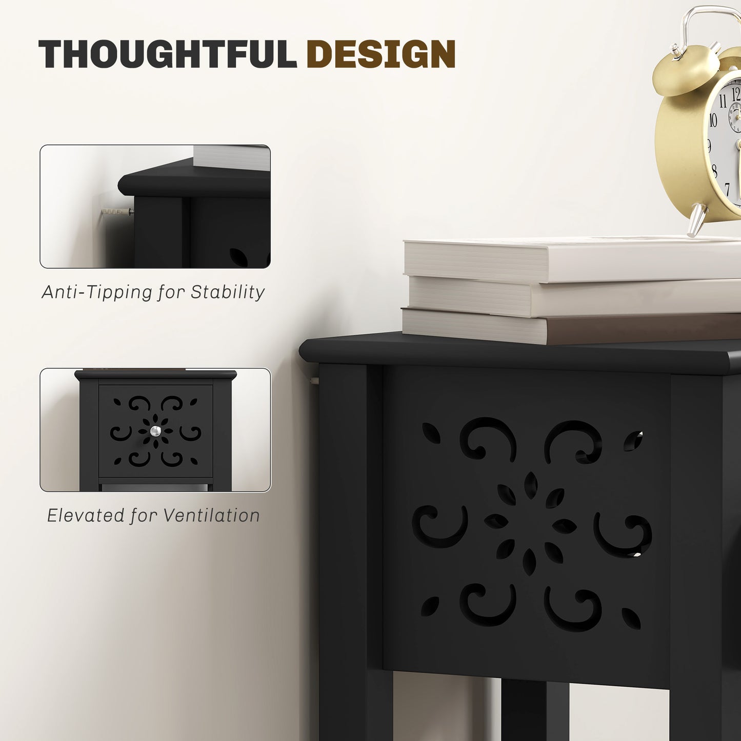 HOMCOM Nightstand Set of 2 with Drawer and Open Storage Shelf White