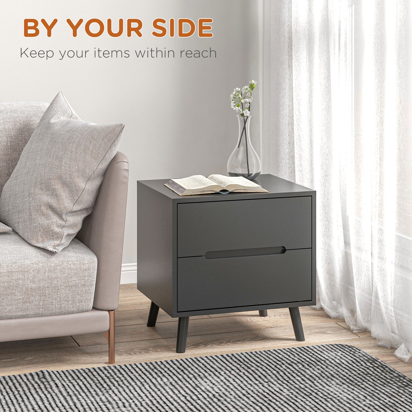 HOMCOM Bedside Table, Nightstand with 2 Drawers, Side Table with Pine Wood Legs for Bedroom, White