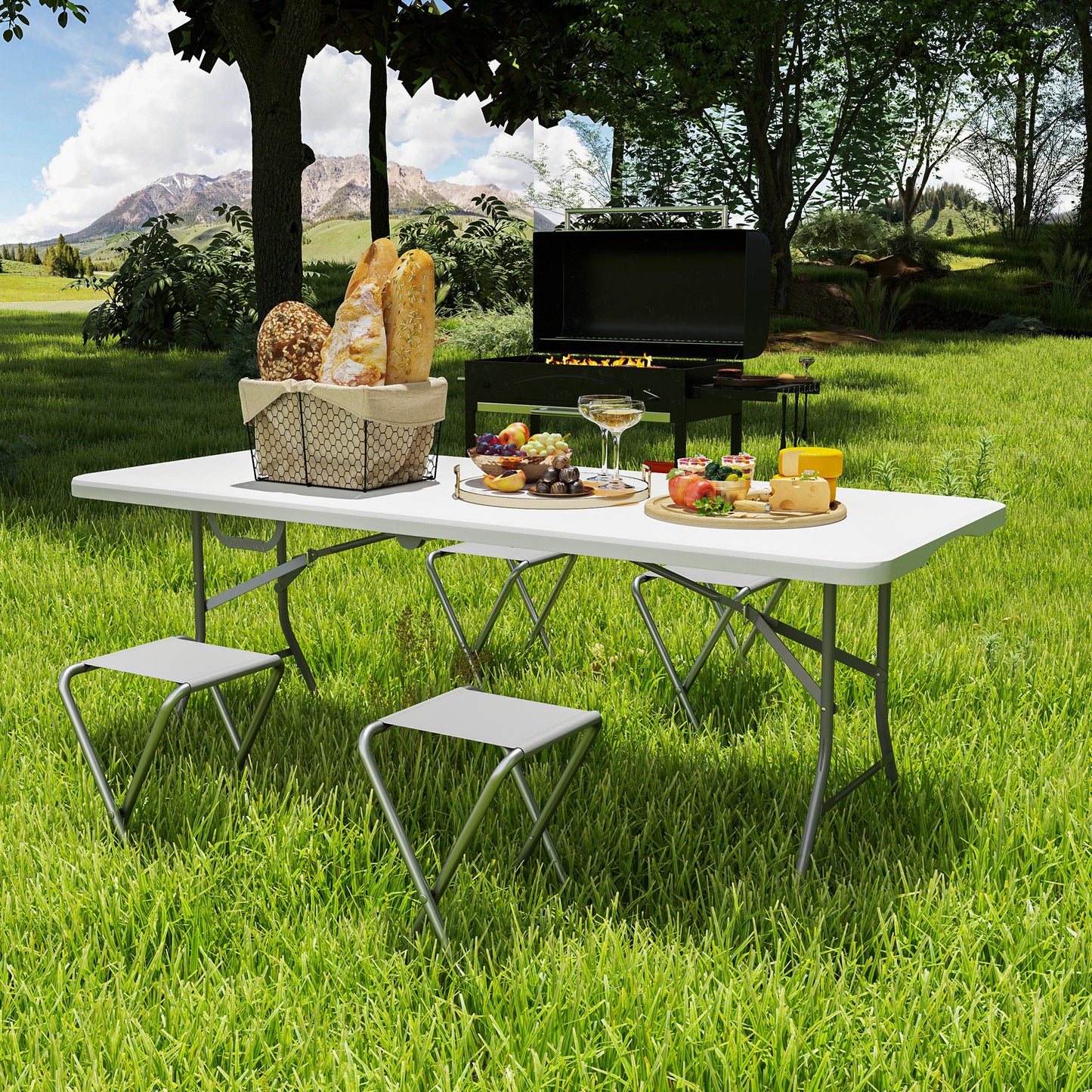 Outsunny 6ft Folding Table, Portable Plastic Camping Table with Carrying Handle, Outdoor Indoor Picnic Table for Party, BBQ
