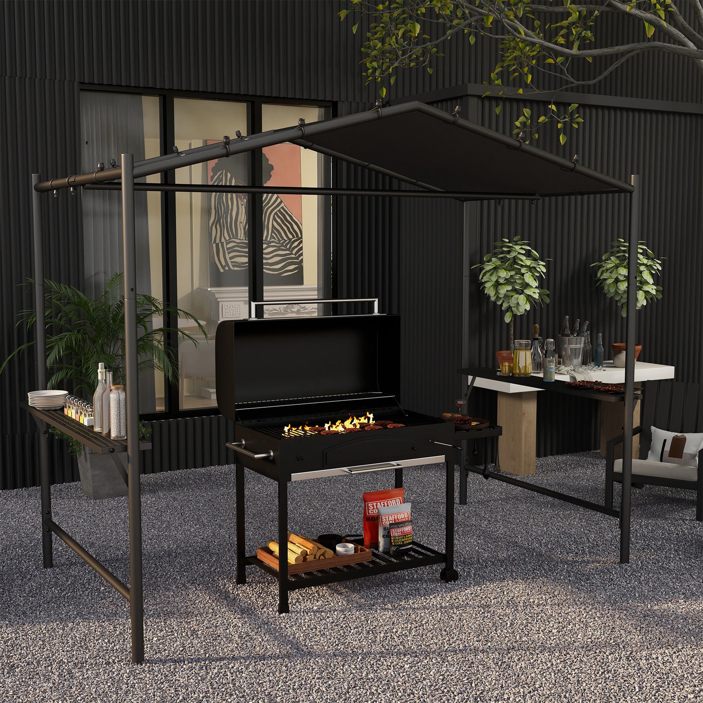 Outsunny 7' x 5' BBQ Grill Gazebo Tent, Garden Grill Canopy with Steel Frame and Hooks, Outdoor Sun Shade, Grey