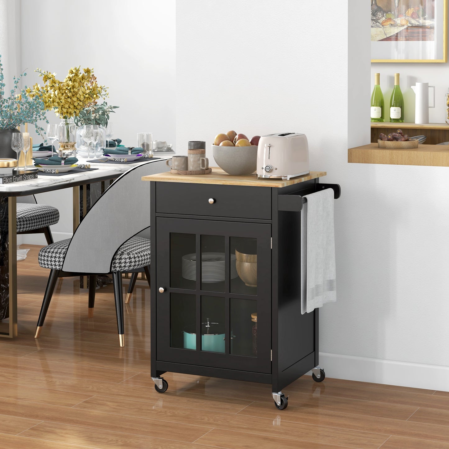 HOMCOM Rolling Kitchen Cart with Drawer and Glass Door Cabinet, Kitchen Island on Wheels with Towel Rack, White