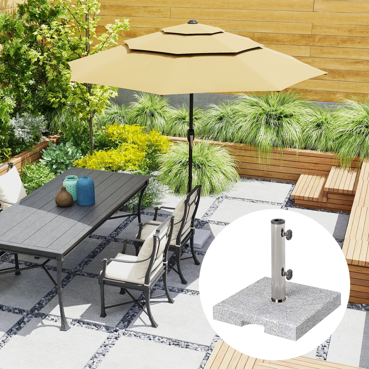 Outsunny Square Patio Umbrella Base, Outdoor Umbrella Stand with Handles 2 Adjustable Knobs, Heavy Duty Patio Umbrella Stand for Garden Deck Poolside, Grey