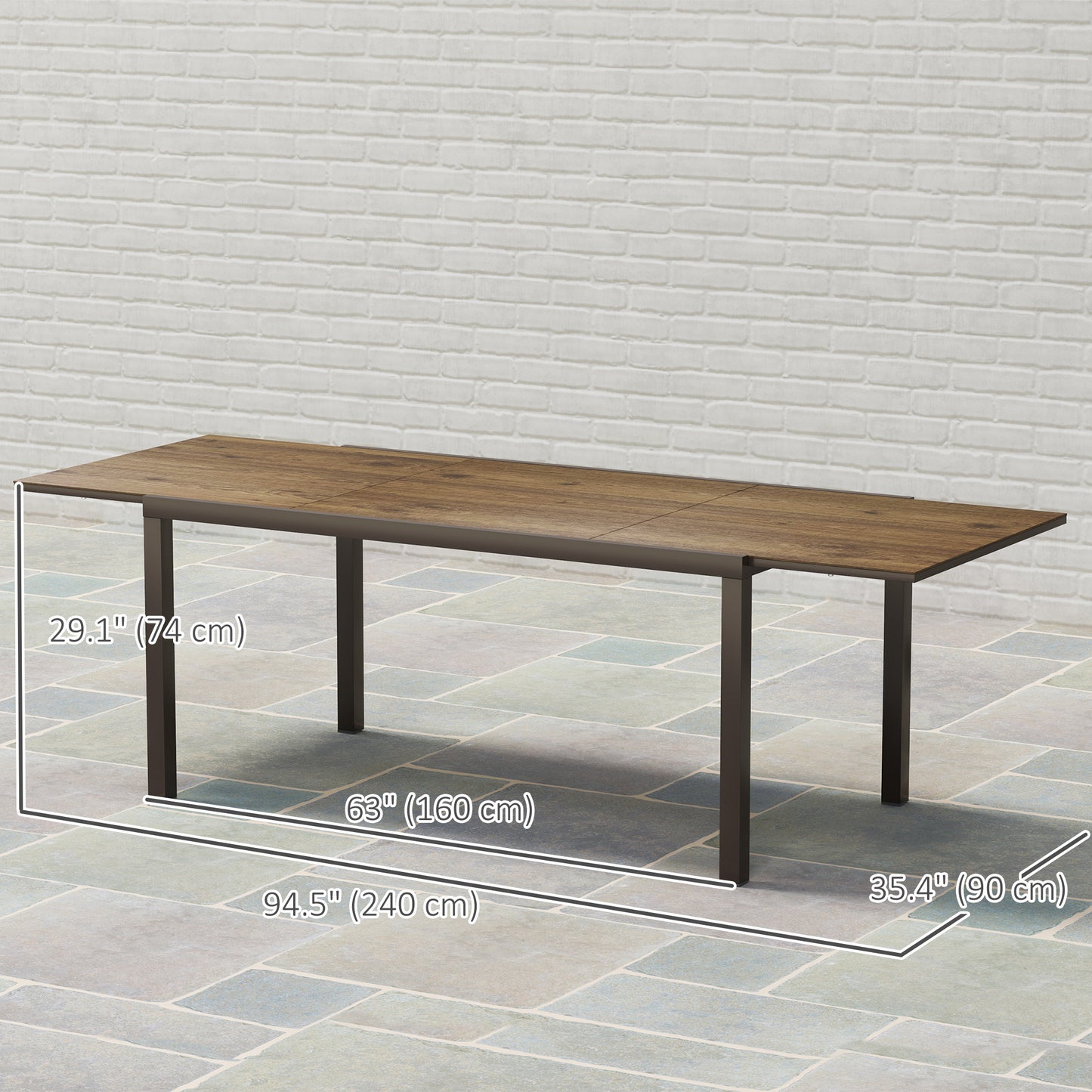 Outsunny 63"-94.5" Extendable Patio Dining Table for 6-8 Person, Outdoor Dining Table with Aluminium Edging, Steel Frame, Brown