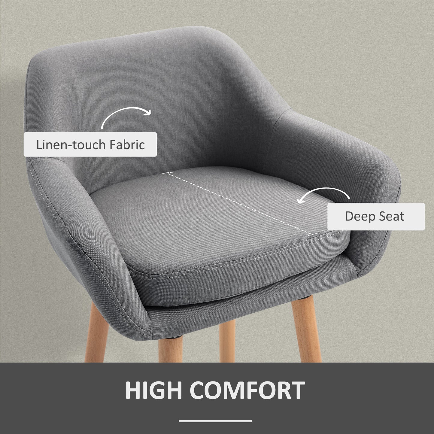HOMCOM Modern Upholstered Fabric Seat Bar Stools Chairs Set of 2 with Metal Frame, Solid Wood Legs Living Room Dining Room Furniture Grey