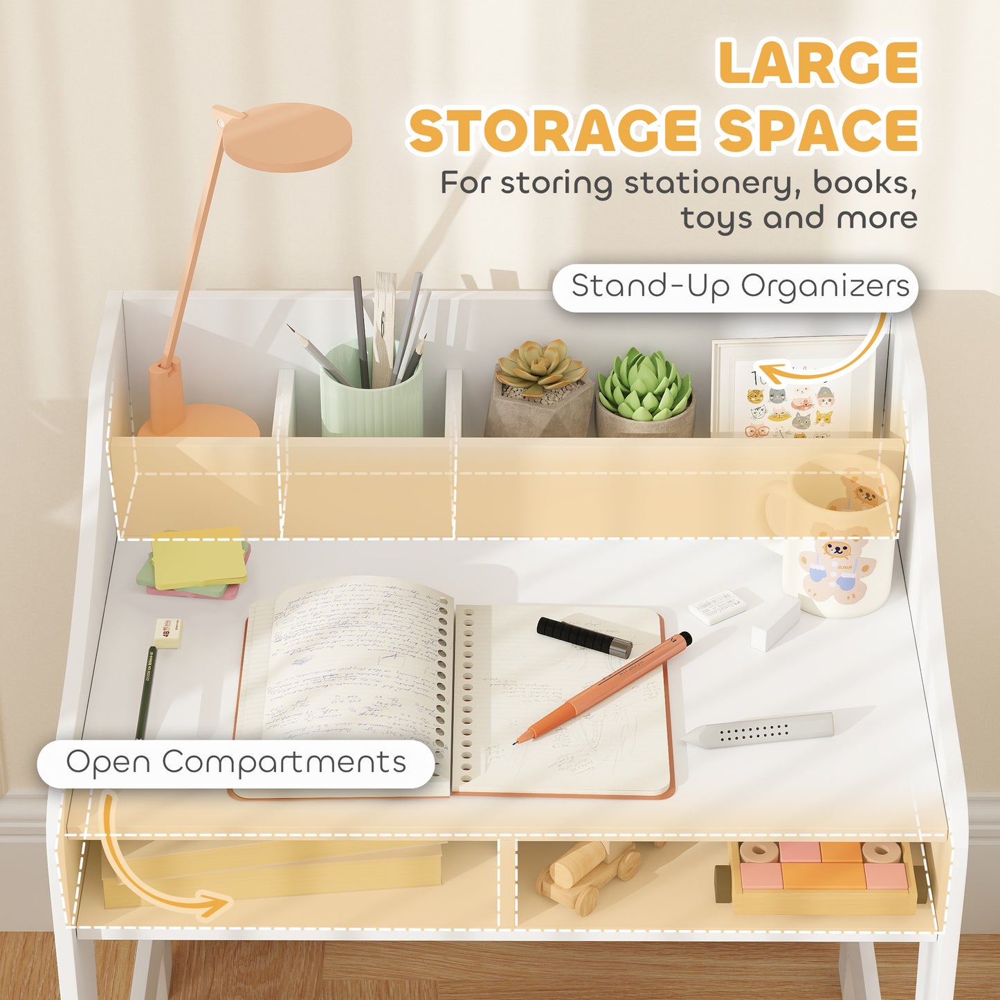 Qaba Kids Desk and Chair Set with Storage, Shelves for Bedroom, 3-8 Years Old, White