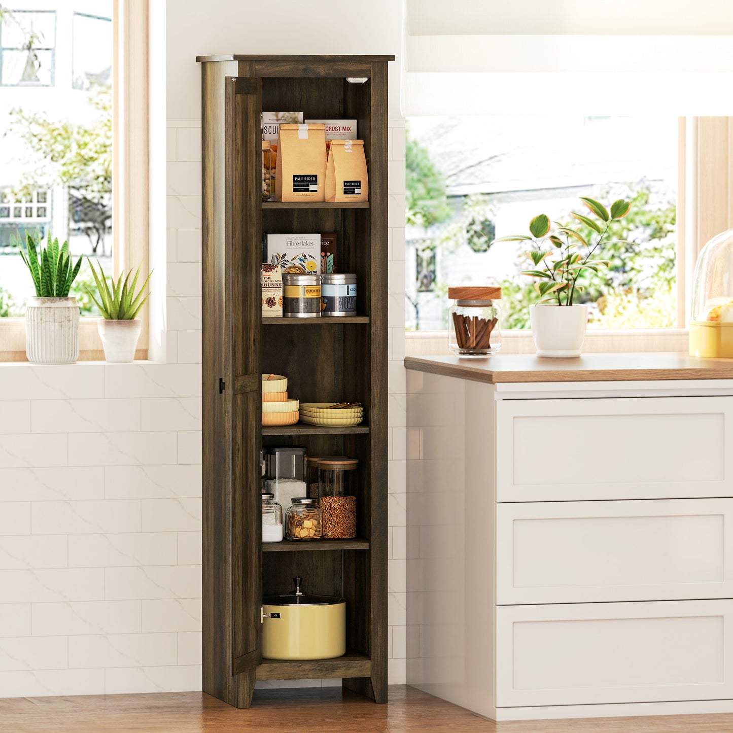 HOMCOM 48" Farmhouse Kitchen Pantry Storage Cabinet with Barn Door, Kitchen Pantry Cabinet with Adjustable Shelves, Natural
