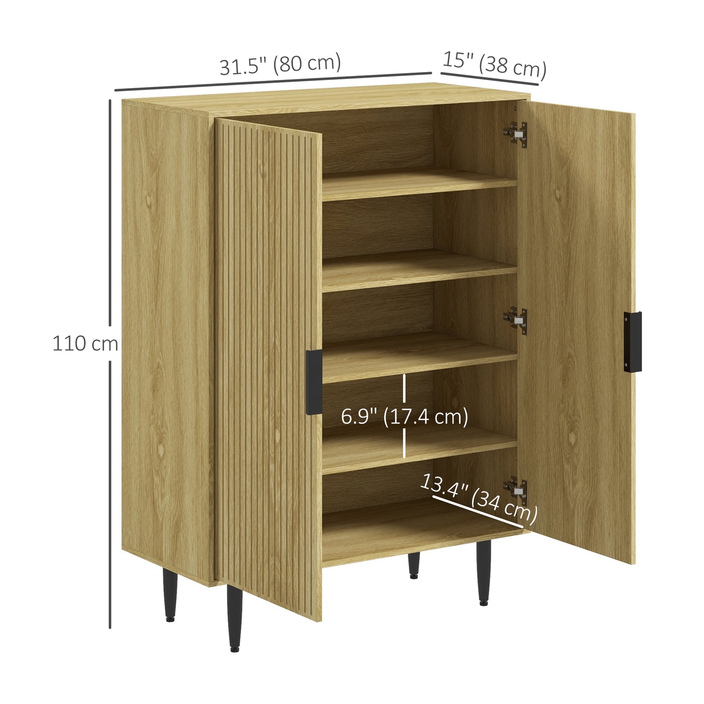 HOMCOM Entryway Shoe Cabinet with 5-Tier Shelving and Adjustable Shelves, 15 Pair Shoe Storage Organizer for Hallway, Oak