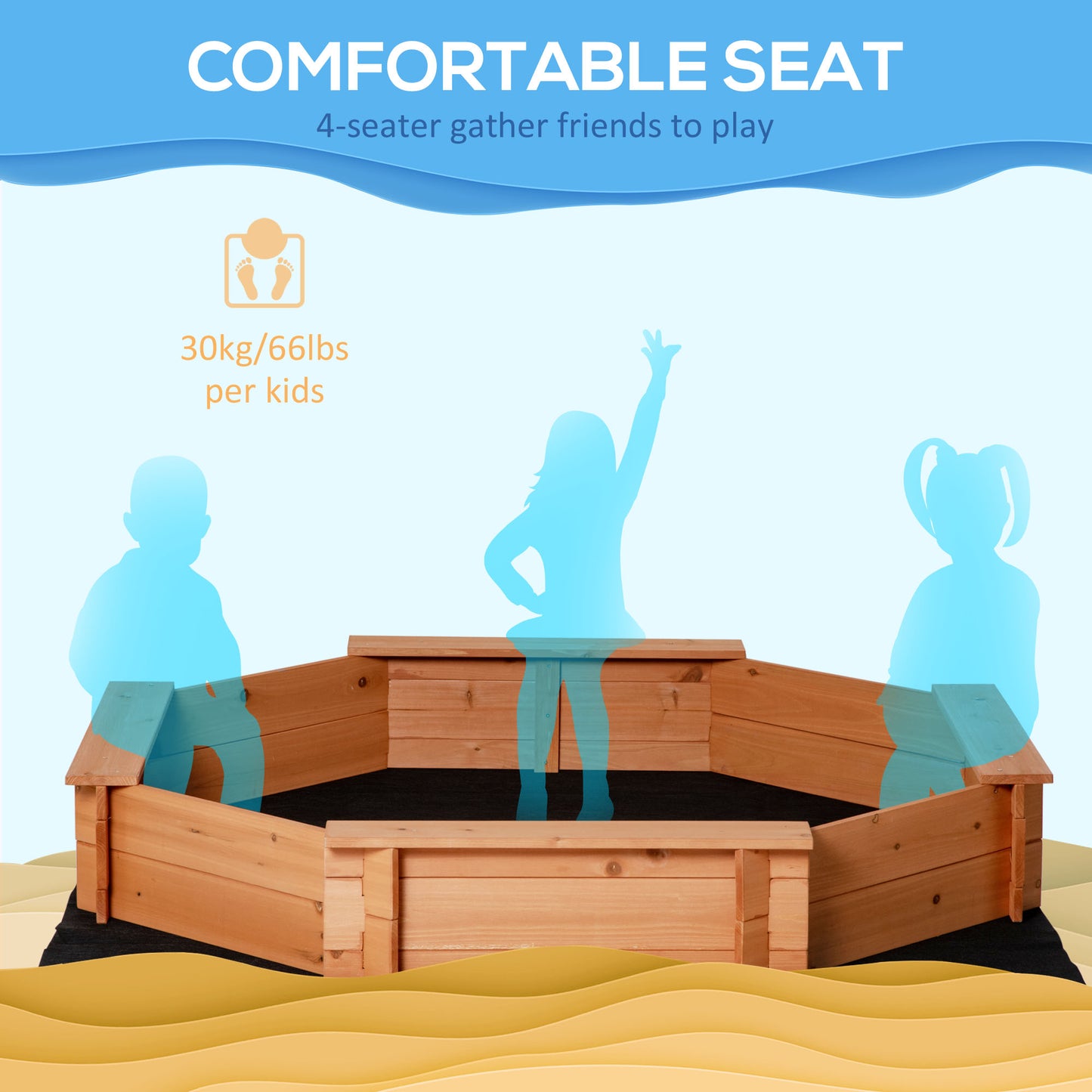 Outsunny Kids Sandbox with Cover and Seat, Outdoor Children Sand Playset for Backyard, Boys and Girls, Red, 55" x 55" x 8.5"