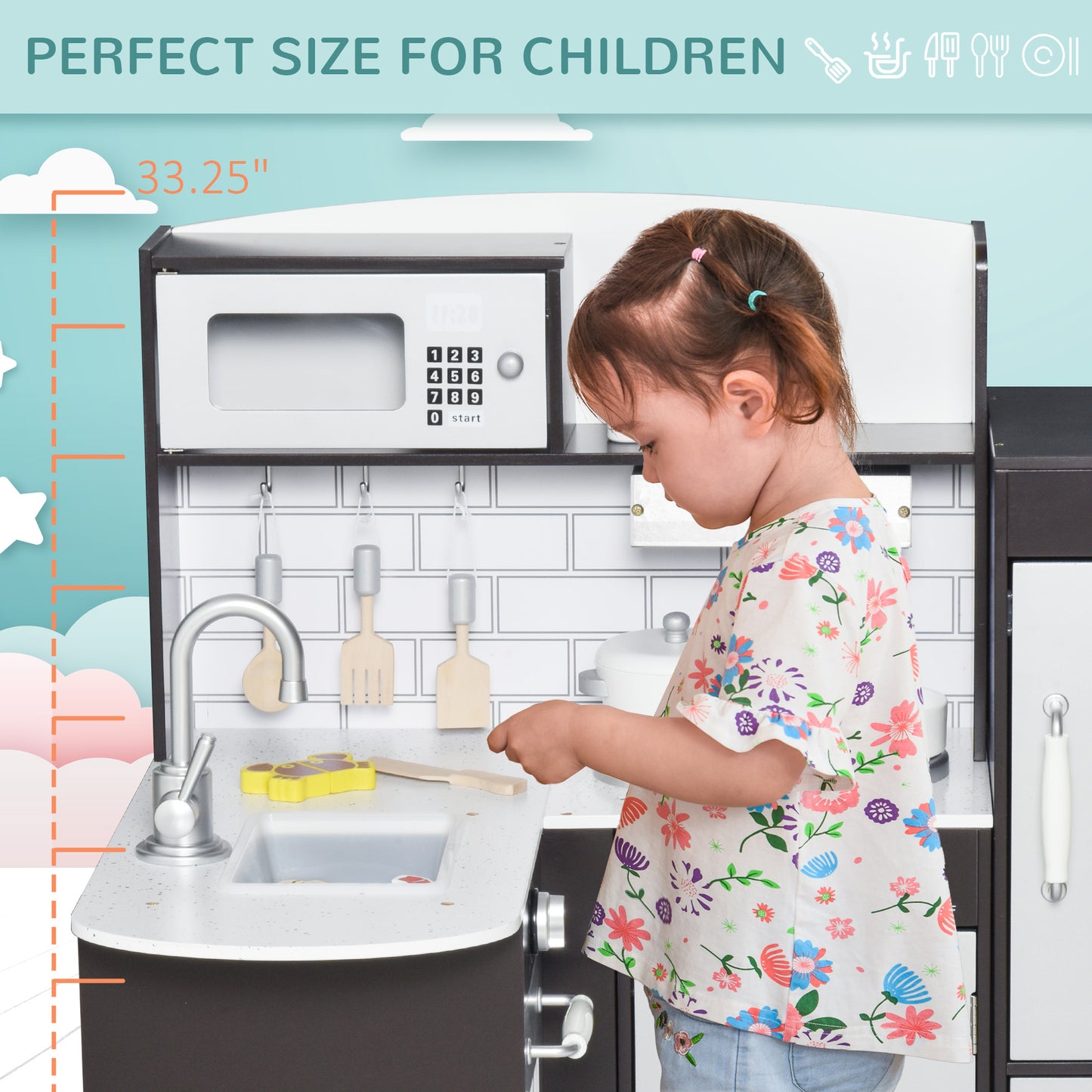 Qaba Kids Kitchen Play Cooking Toy Set for Children with Drinking Fountain, Microwave, Accessories, White